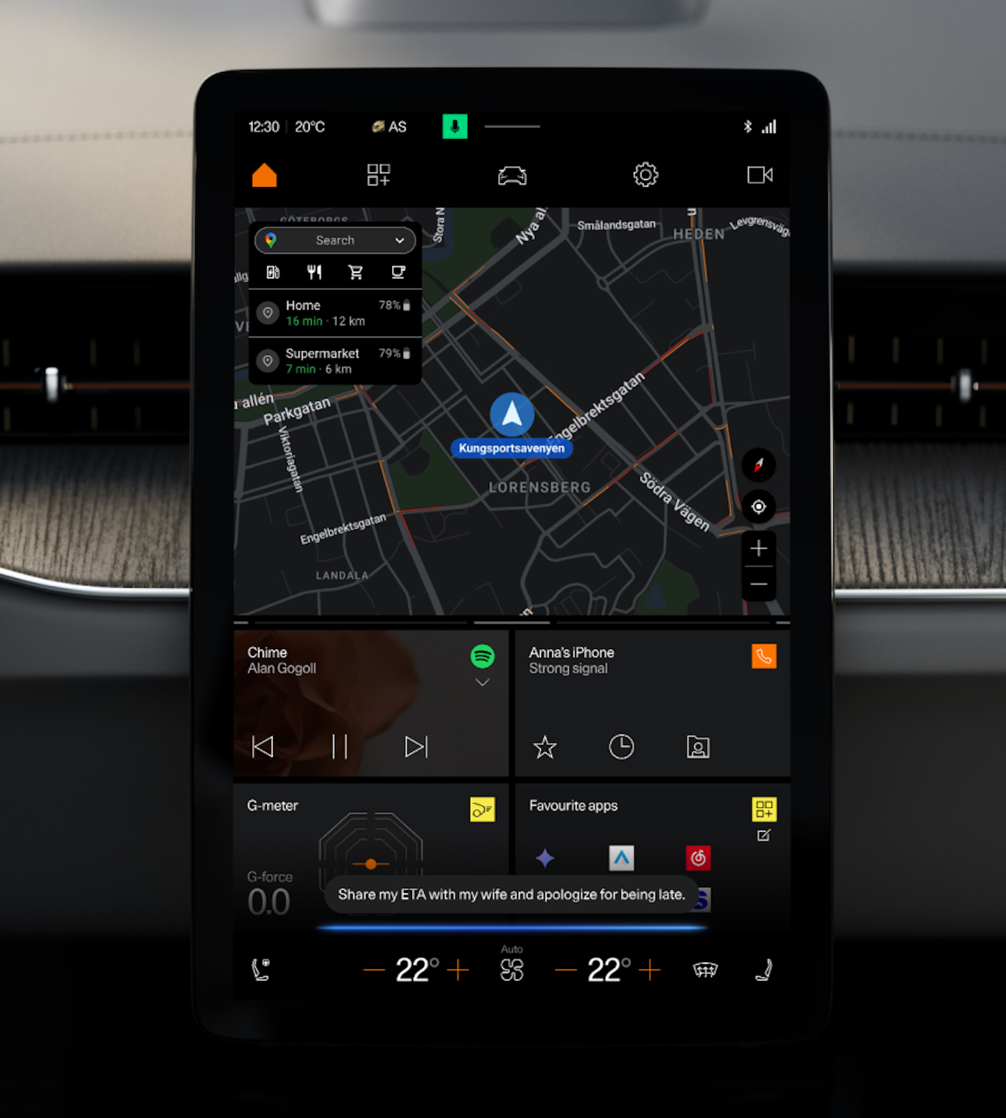 Polestar 5 centre display showing home screen with Google Maps and Google Gemini prompt.