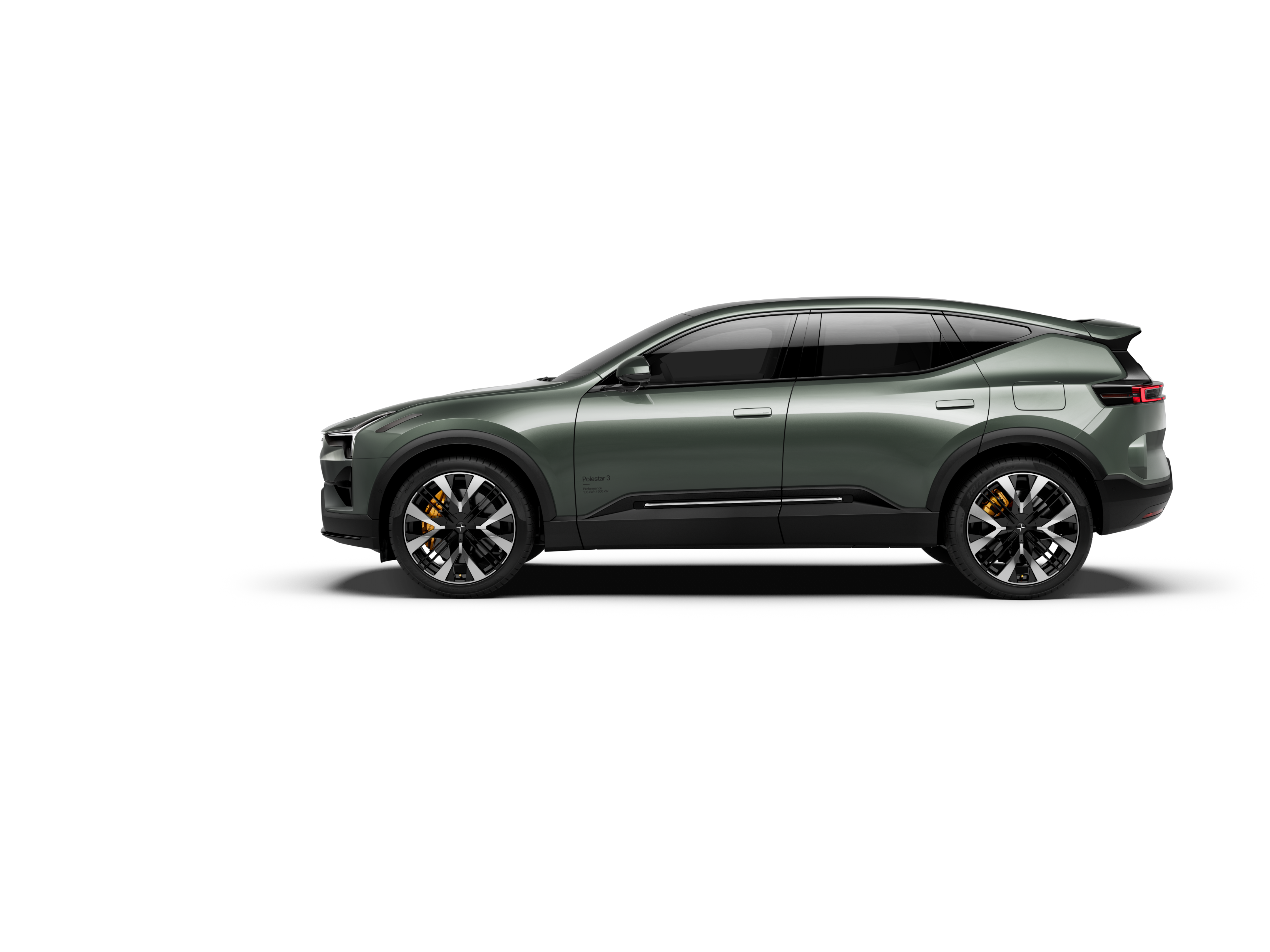 A side view of a dull green-coloured Polestar 3 facing left and standing against a white background.