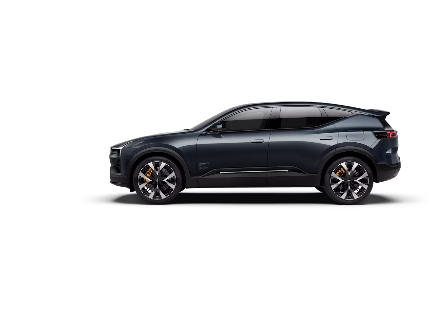 A side view of a dark blue-coloured Polestar 3 facing left and standing against a white background.