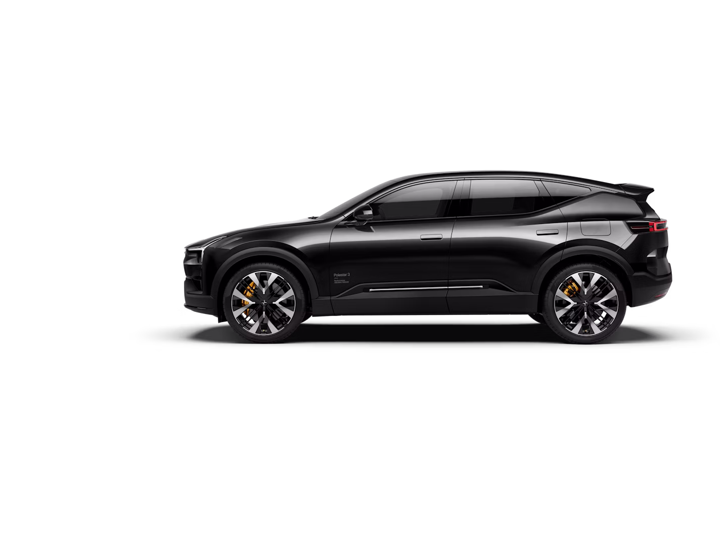 A side view of a black-coloured Polestar 3 facing left and standing against a white background.