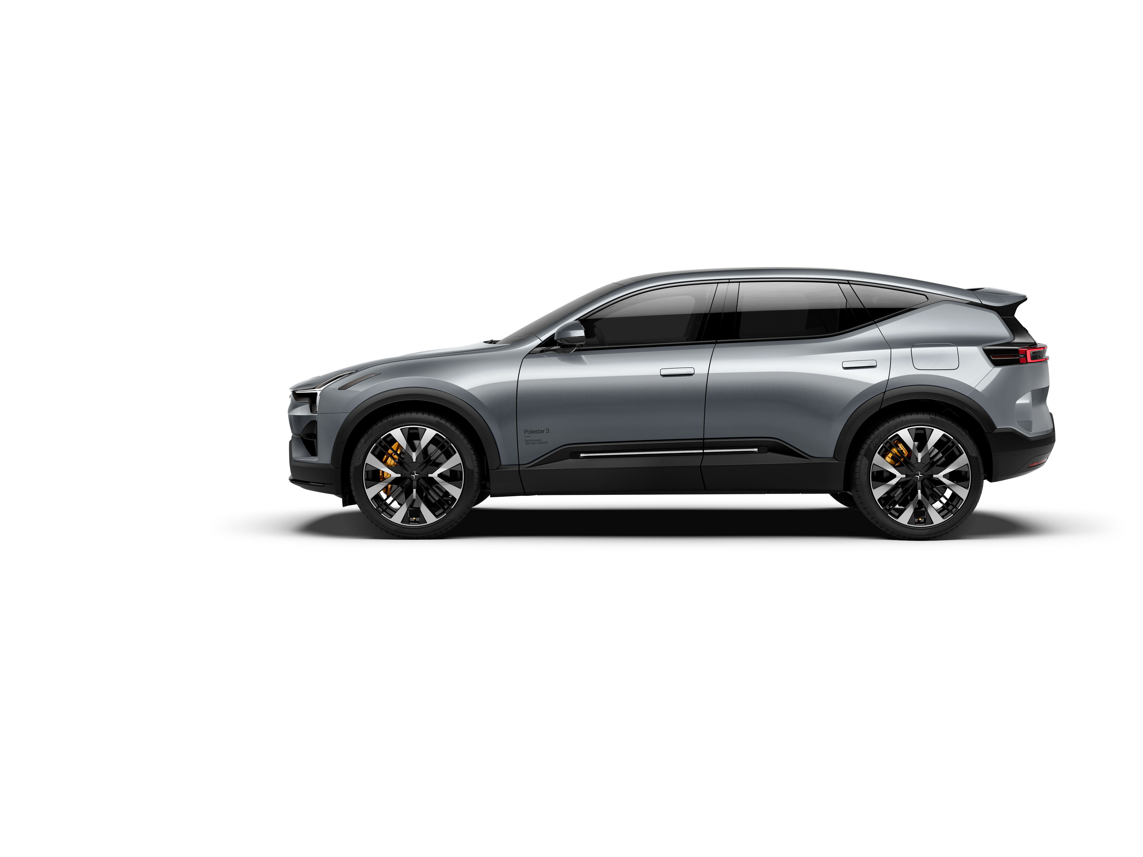 A side view of a grey-coloured Polestar 3 facing left and standing against a white background.