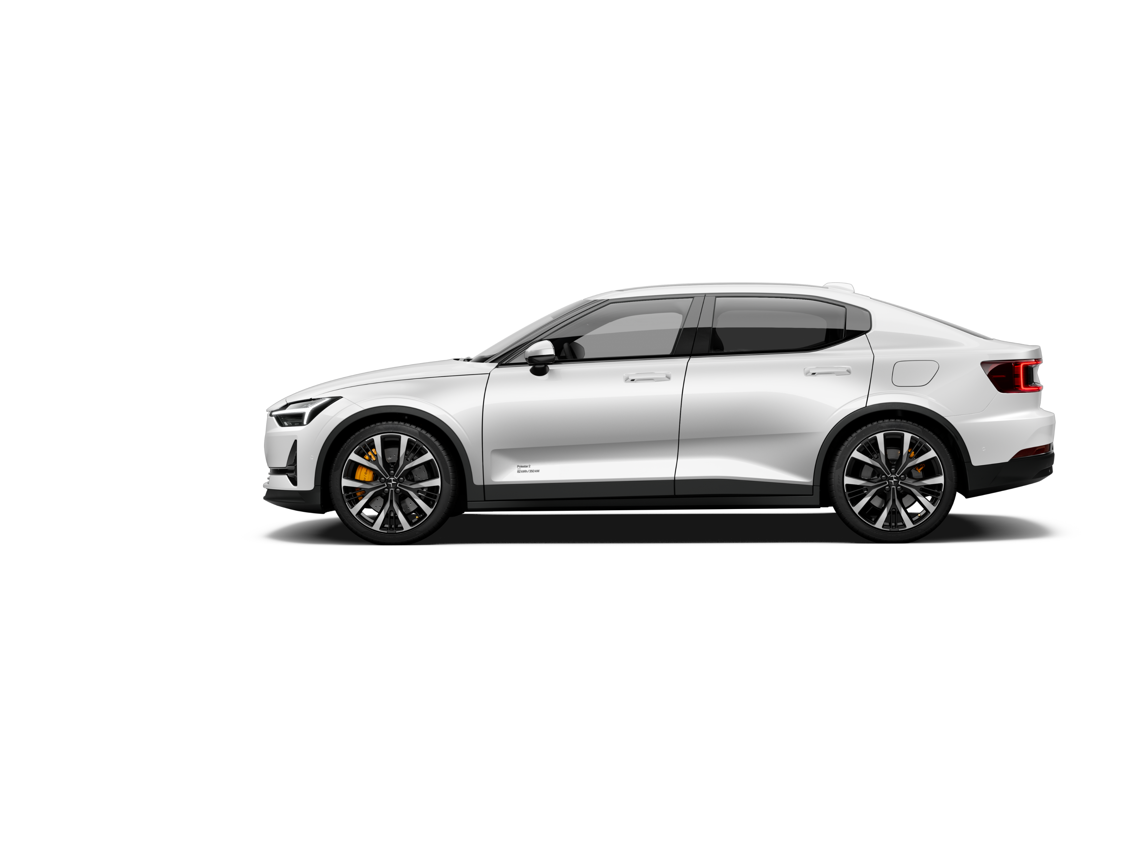 A side view of a white-coloured Polestar 2 facing left and standing against a white background.