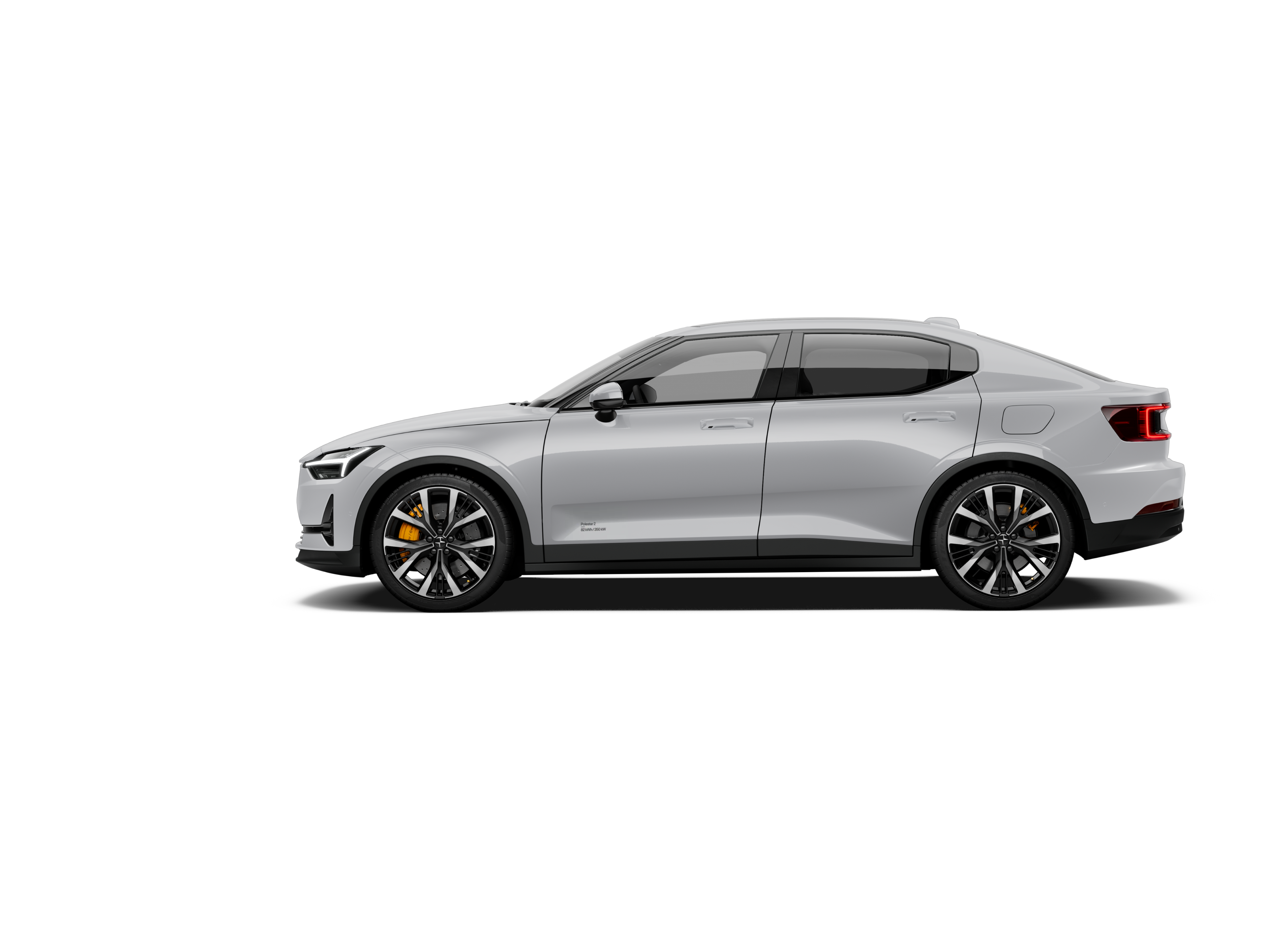 A side view of a light grey-coloured Polestar 2 facing left and standing against a white background.