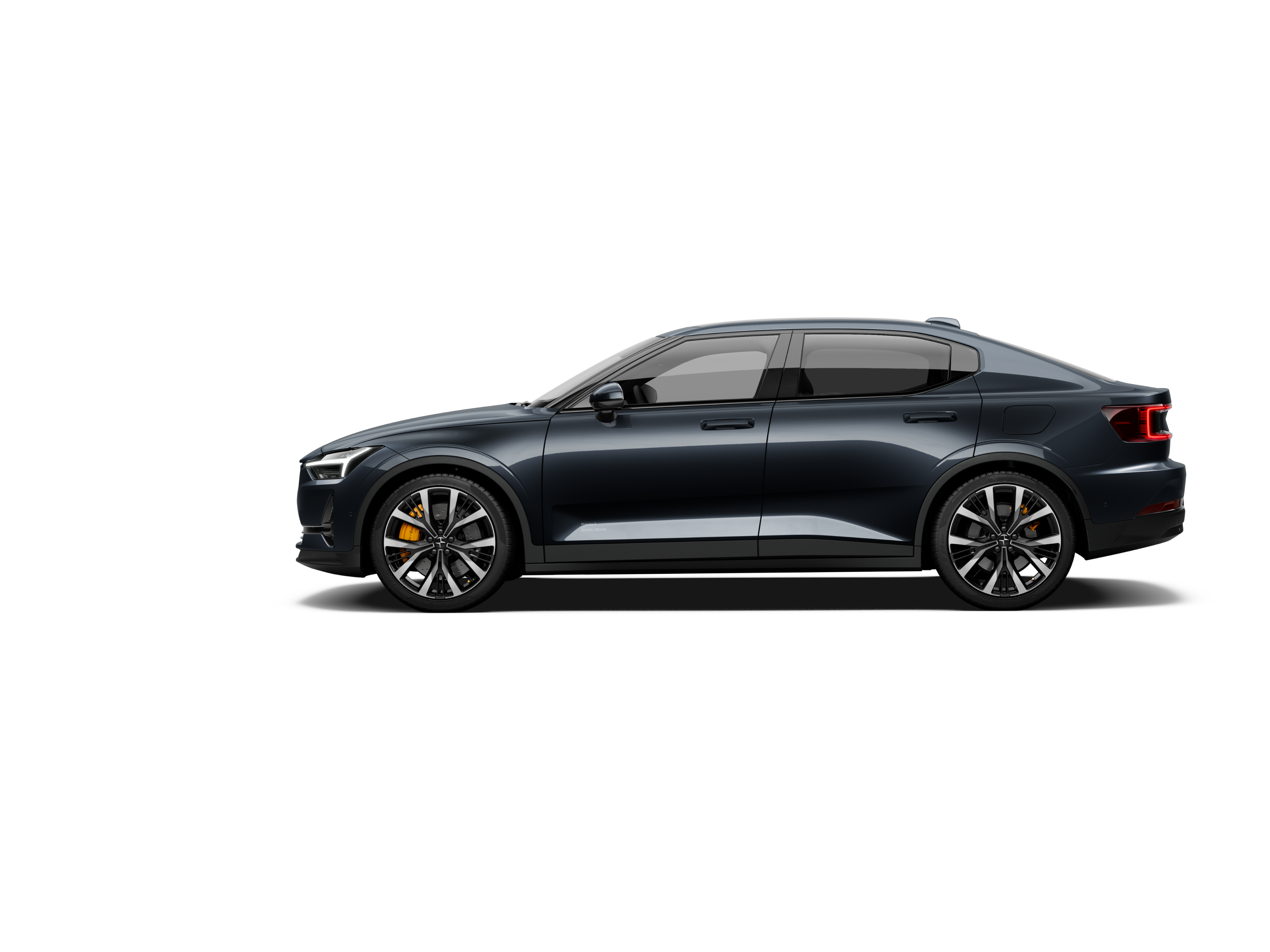 A side view of a dark blue-coloured Polestar 2 facing left and standing against a white background.