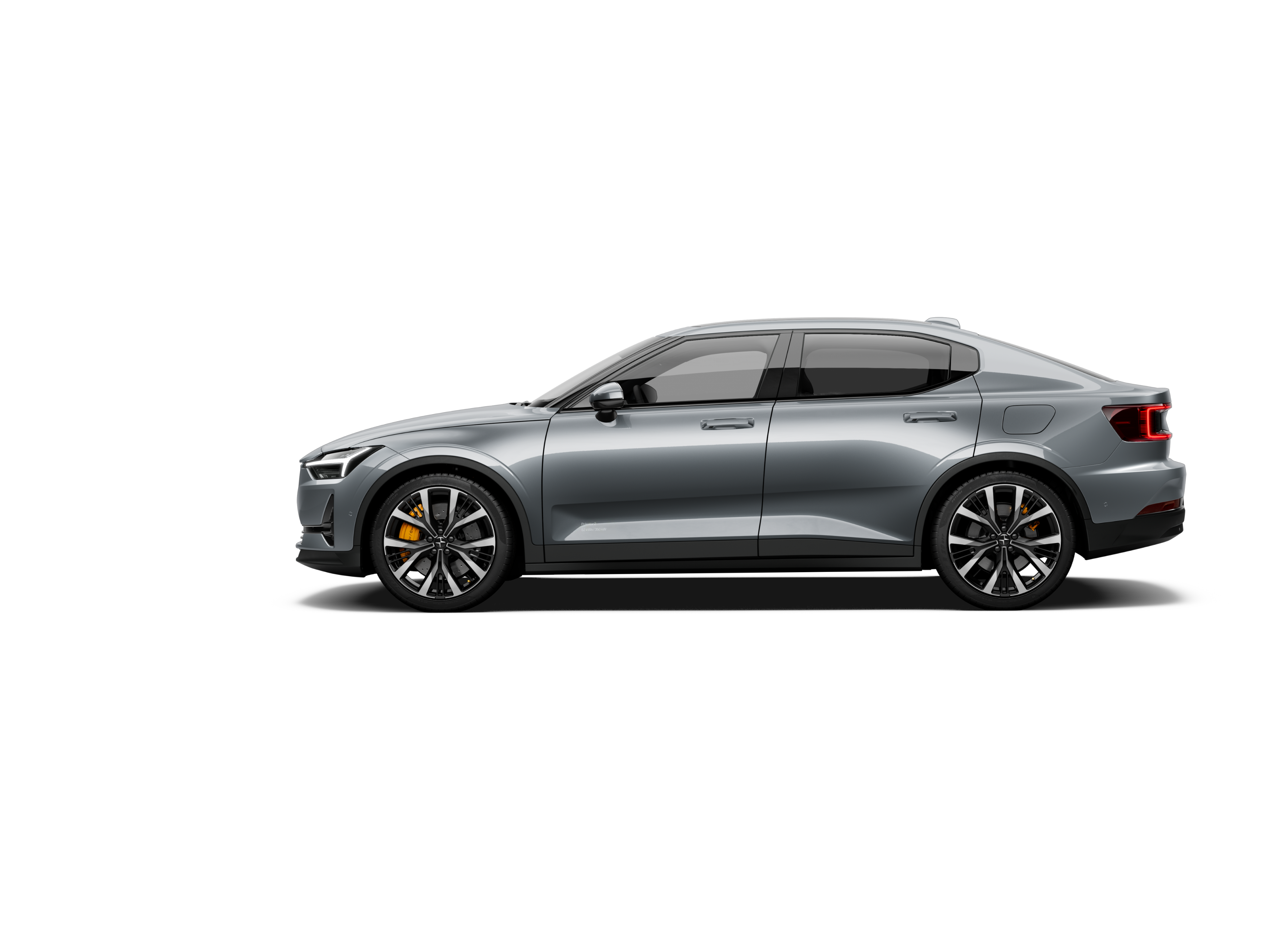 A side view of a grey-coloured Polestar 2 facing left and standing against a white background.