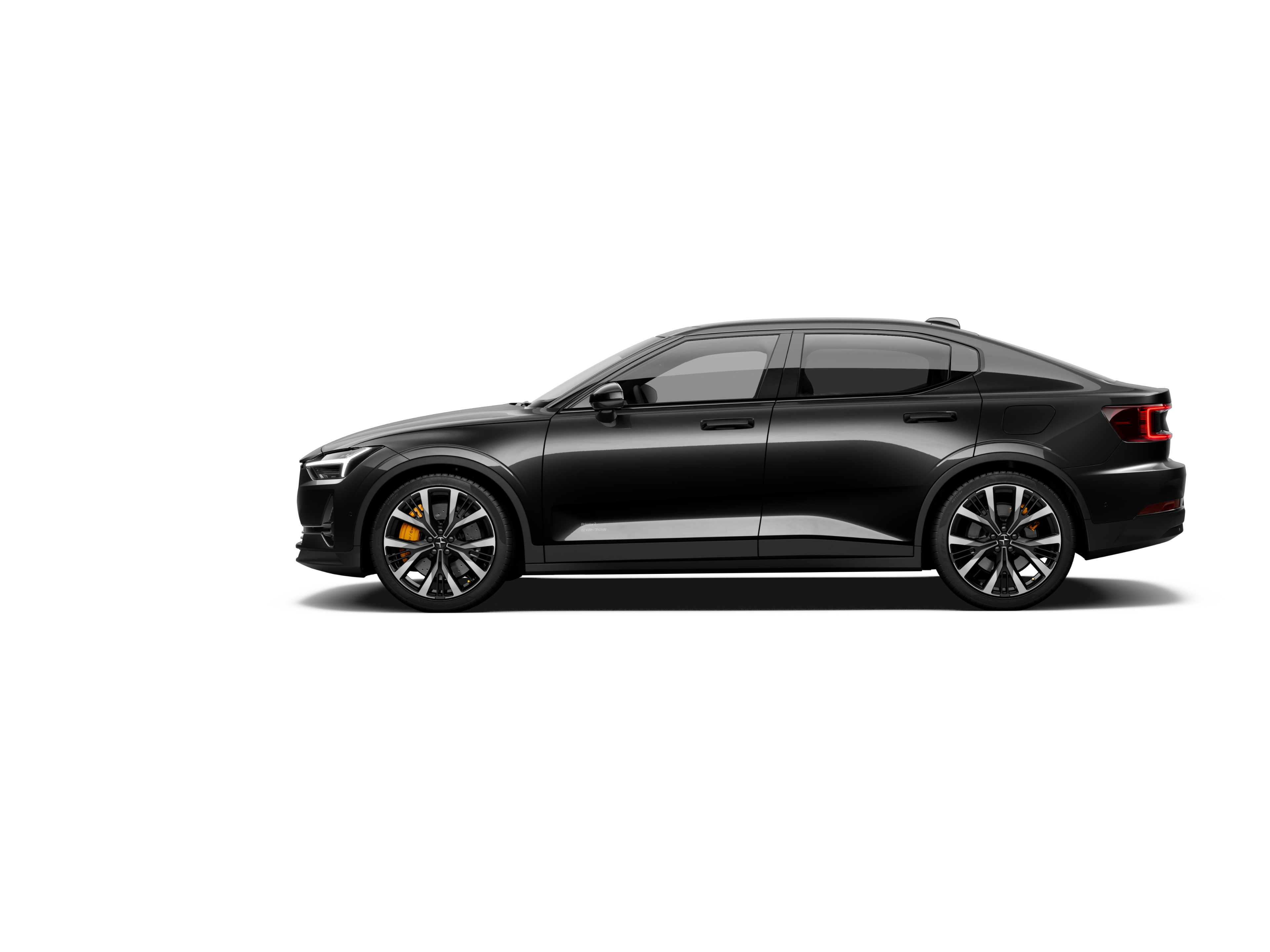 A side view of a black-coloured Polestar 2 facing left and standing against a white background.