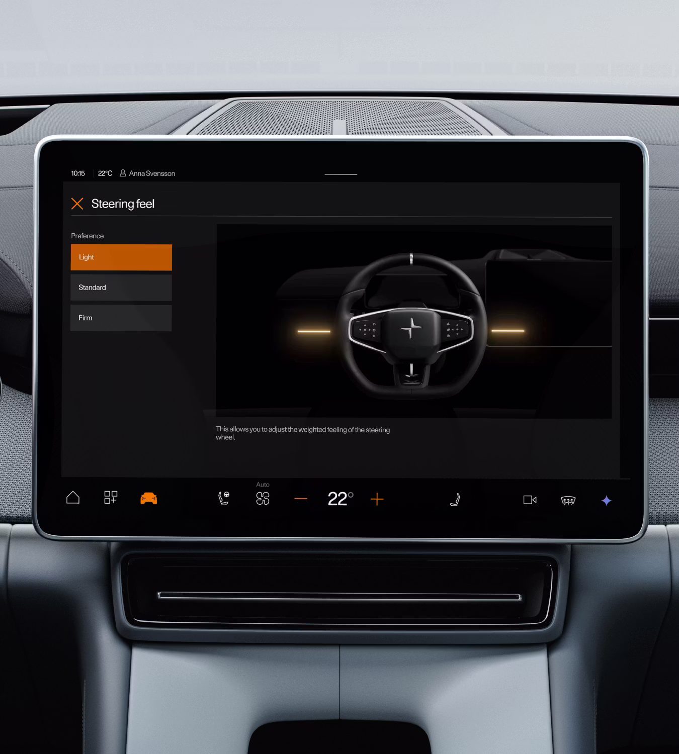Polestar 4 coupé’s centre display with adjustable steering feedback options on the screen.ptions on the screen.