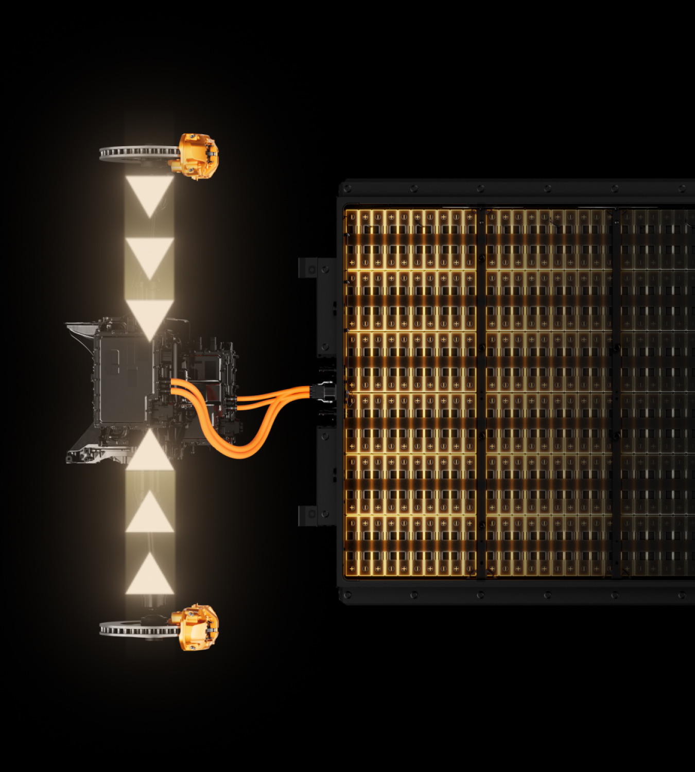 Polestar 4 coupé’s drivetrain with yellow arrows showing energy returning to the electric motors.