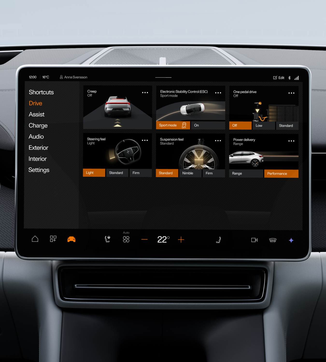 Polestar 4 coupé’s centre display showing the ‘Drive’ screen with sport mode inactivated.