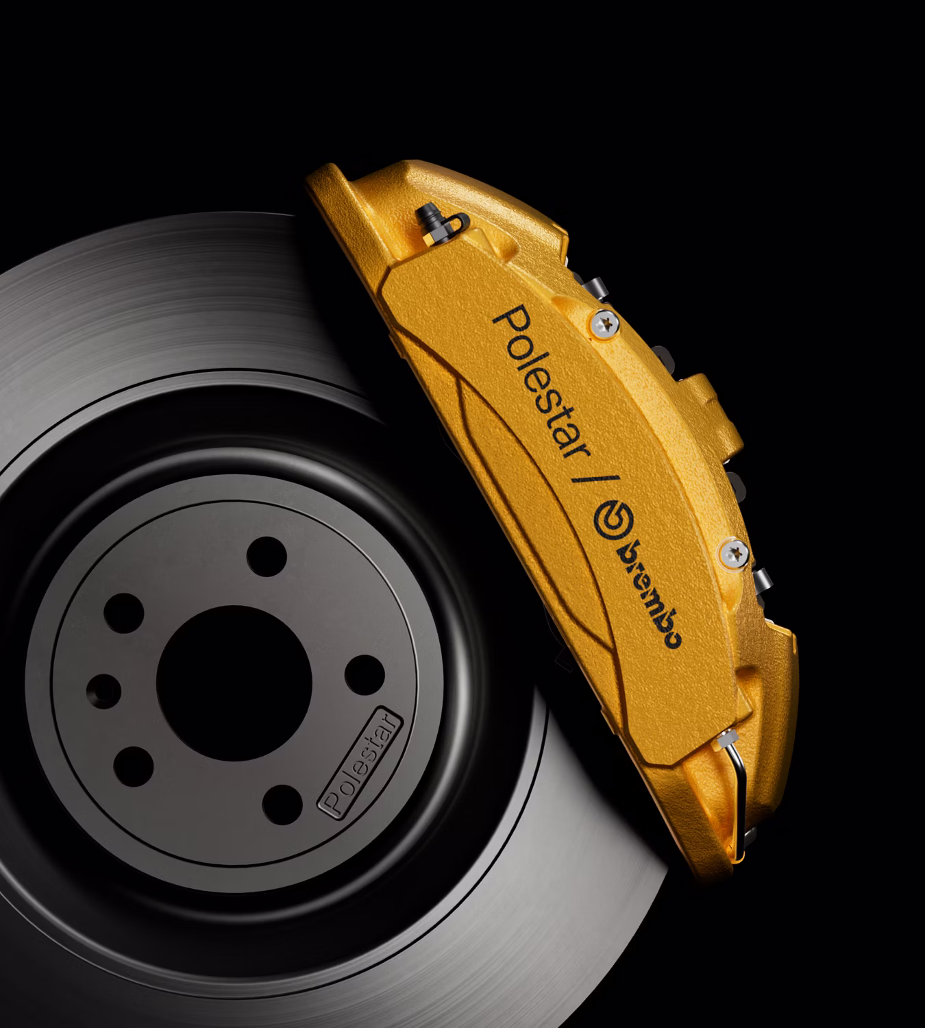 Polestar 4 coupé’s aluminium four-piston Brembo brake caliper in Swedish gold.