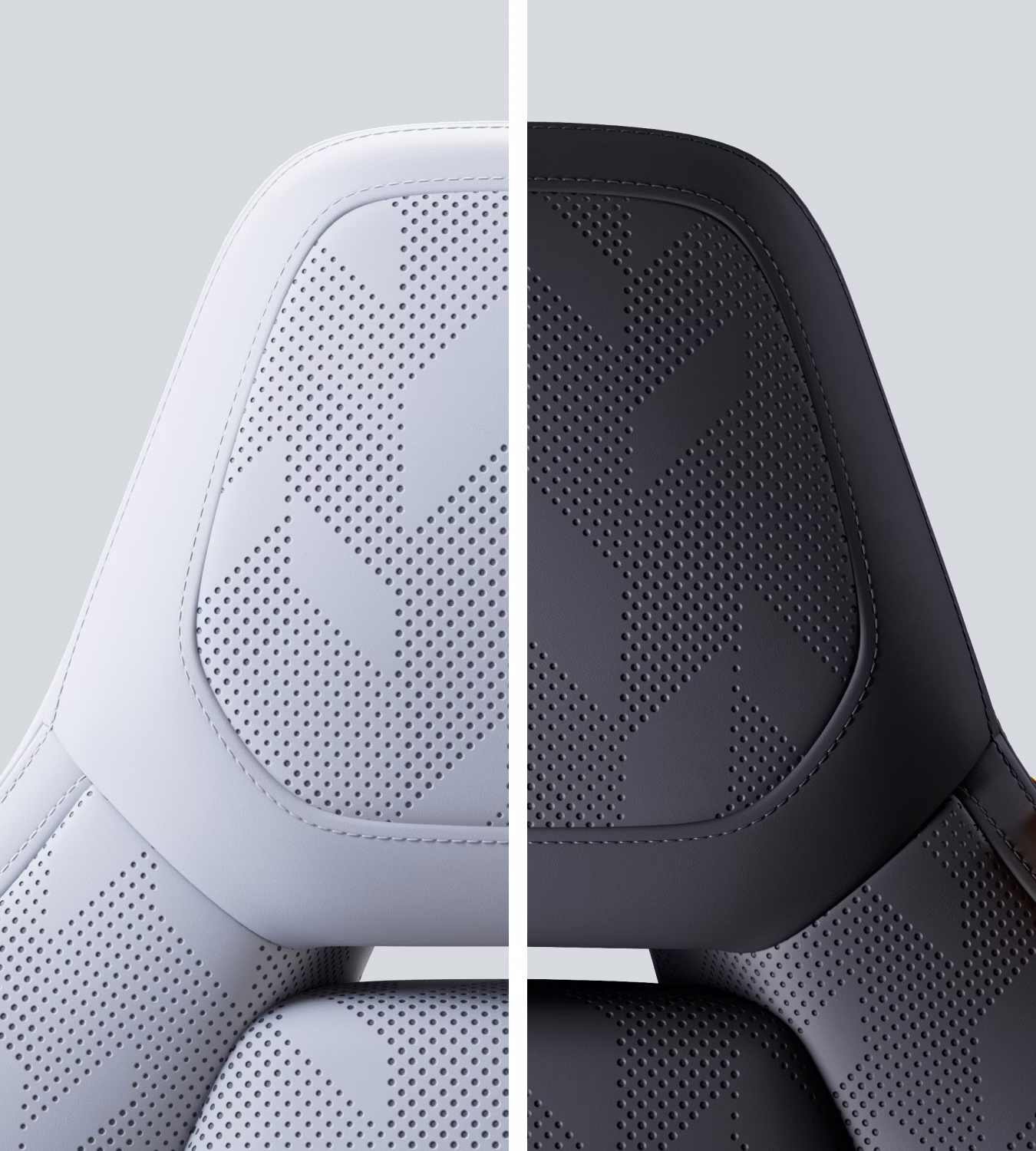 Polestar 4 coupé seat with Perforated Nappa leather upholstery in split view with Zinc and Charcoal.
