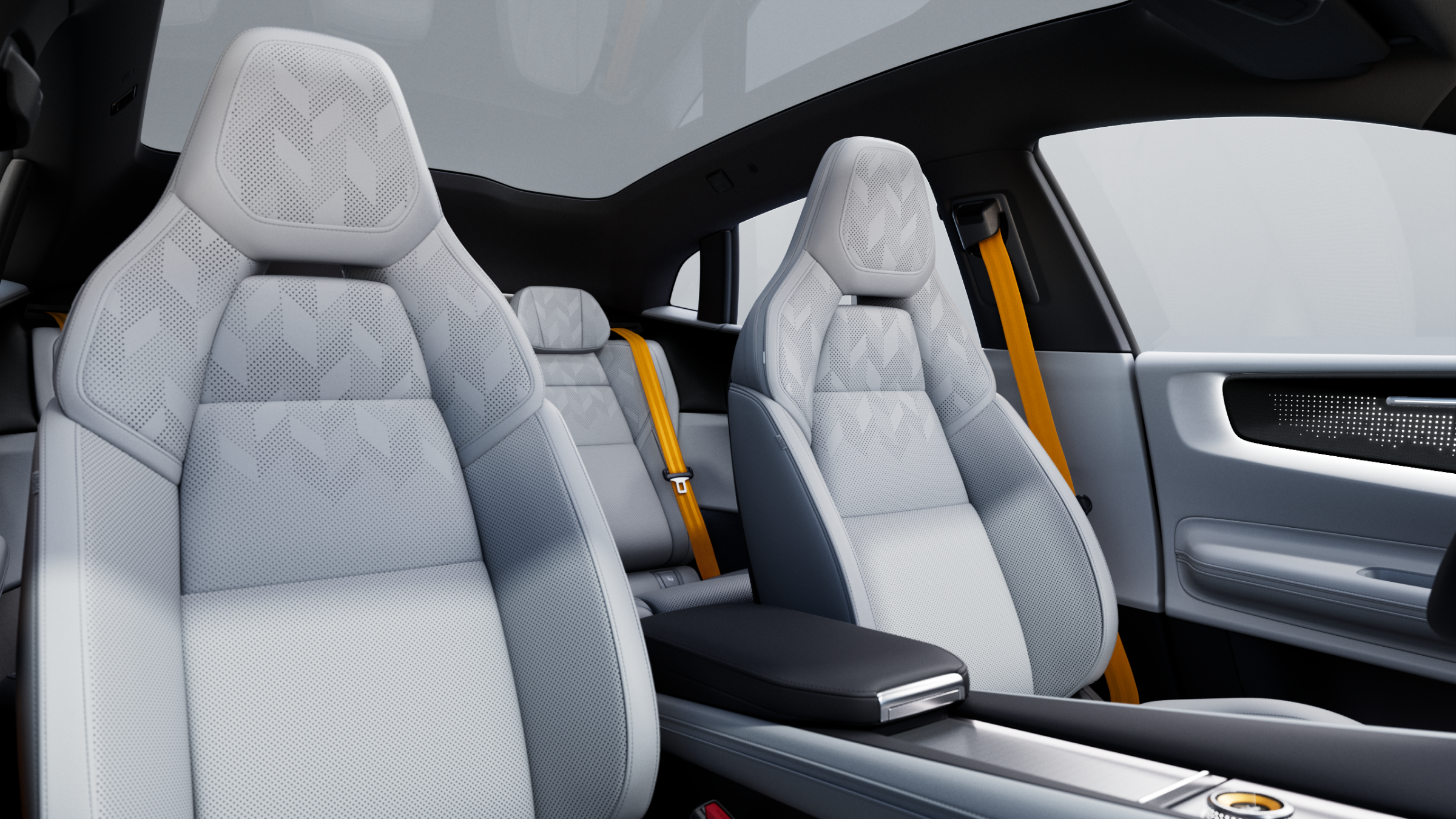 Polestar 4 coupé’s front seats in Tailored knit upholstery in Mist and Swedish gold seat belts.
