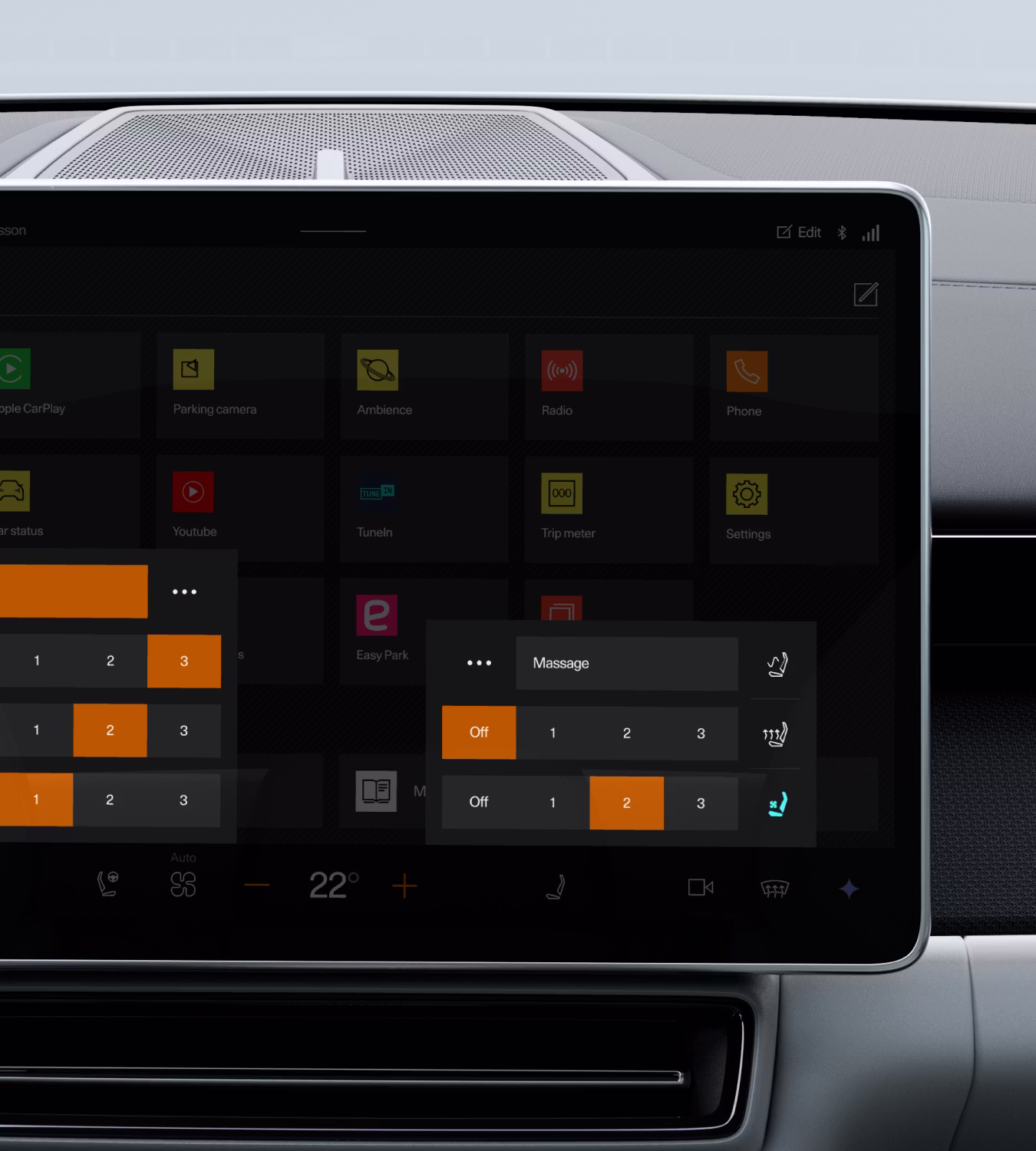 Polestar 4 coupé centre display showing ventilation settings for the front seat ventilation upgrade.