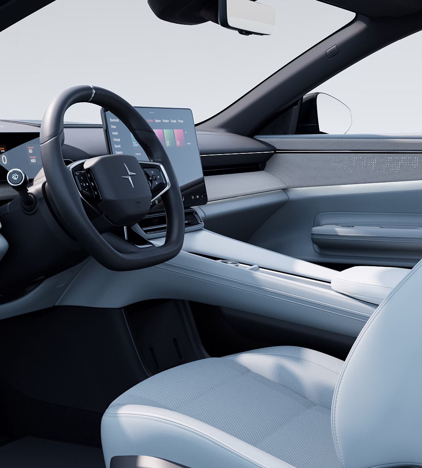 Driver seat adjusting itself and Polestar 4 coupé centre display showing loaded profile settings.