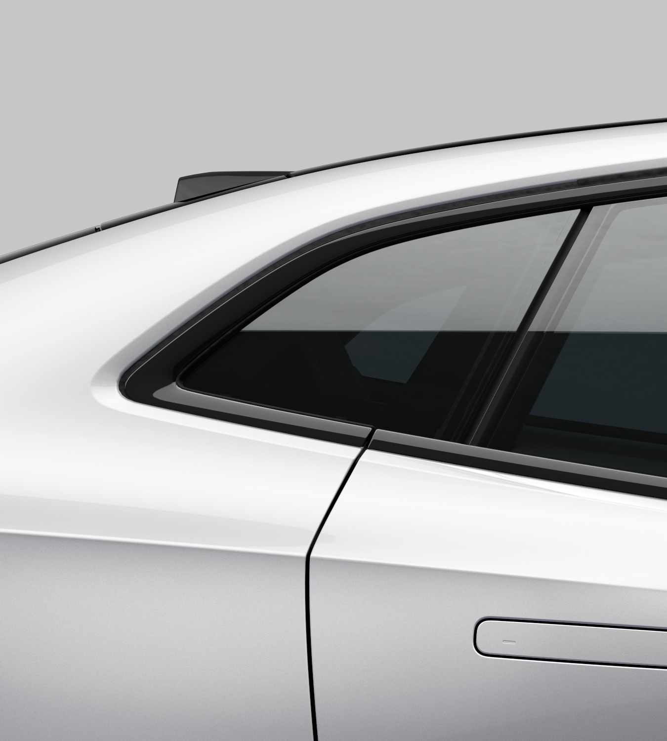 The rear side of Polestar 4 coupé showing quarter glass with flush glazing and flushed door handle.
