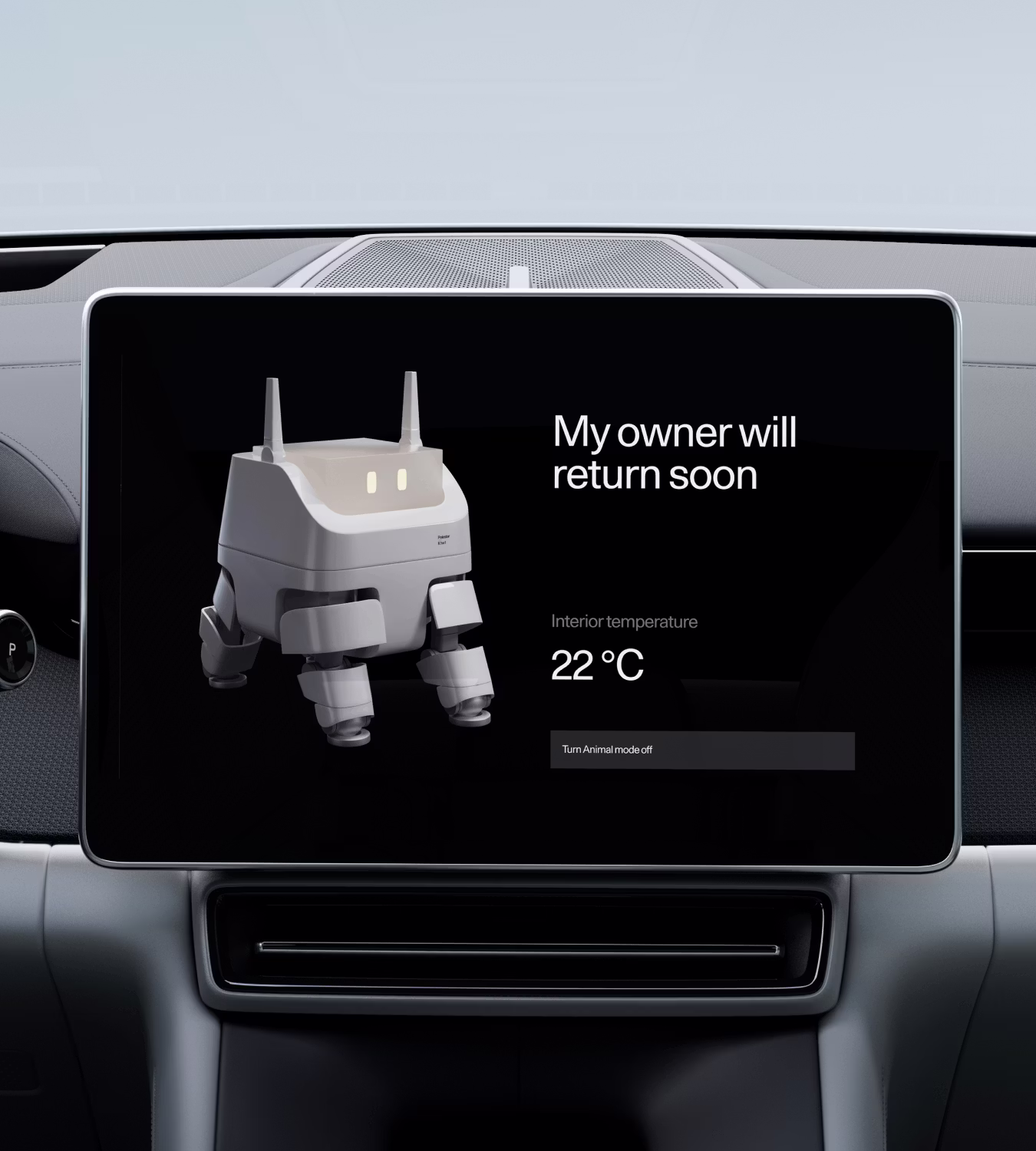 Polestar 4 coupé’s centre display showing animal mode screen with current interior temperature.