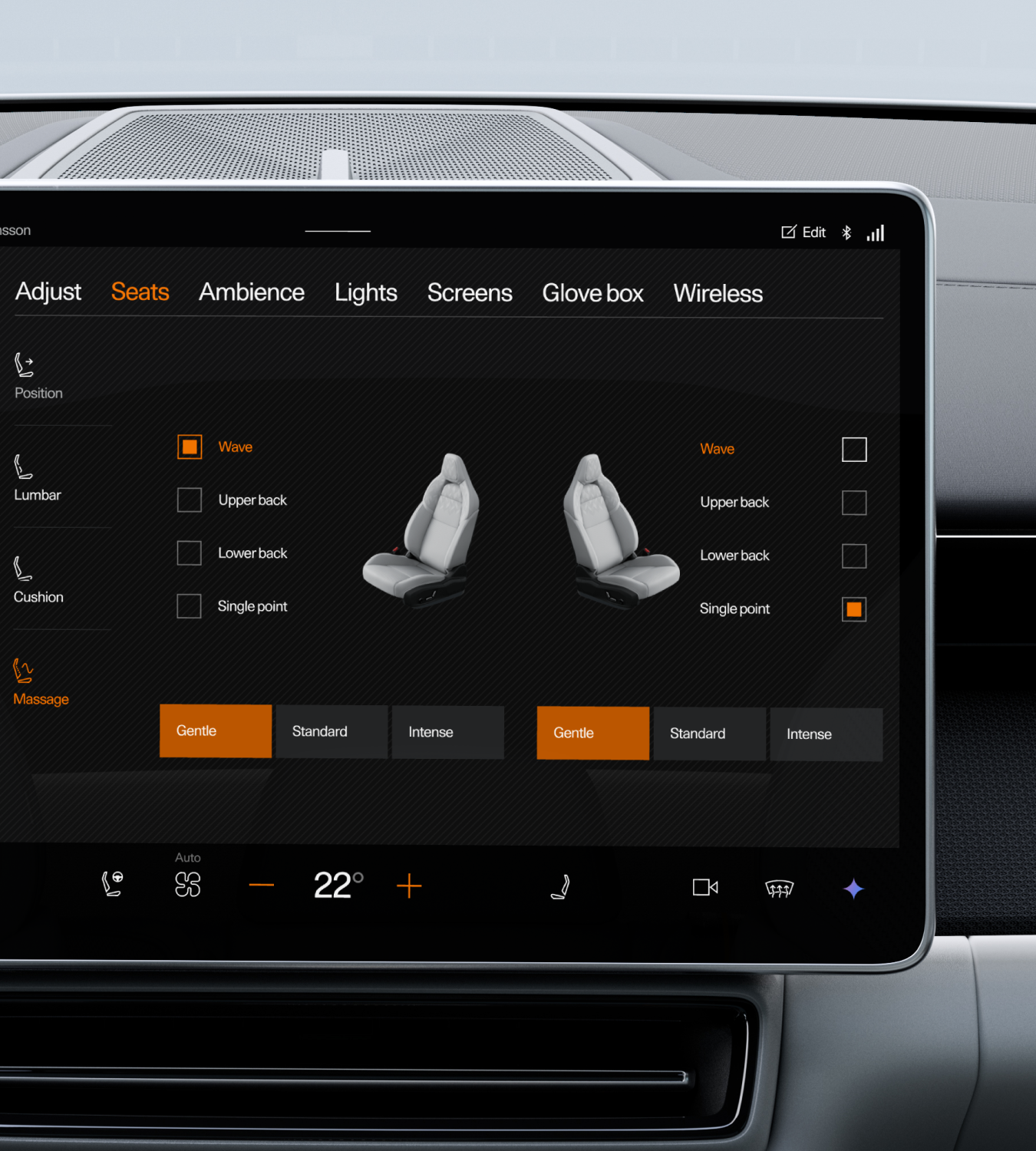 Front seat massage settings menu in Polestar 4 coupé’s centre display.