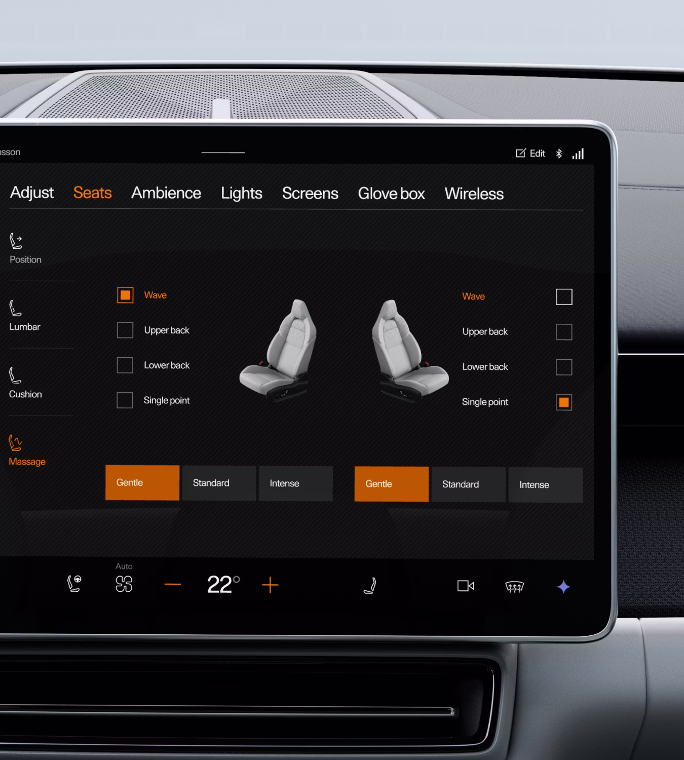 Front seat massage settings menu in Polestar 4 coupé’s centre display.