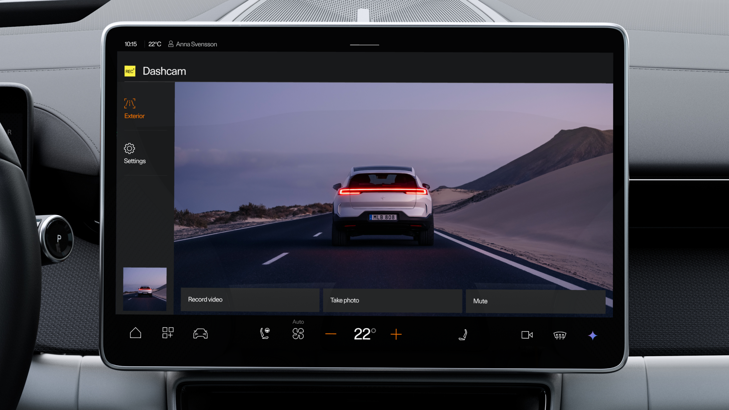 Dashcam menu settings in Polestar 4 coupé’s centre display with a preview of forward exterior video.