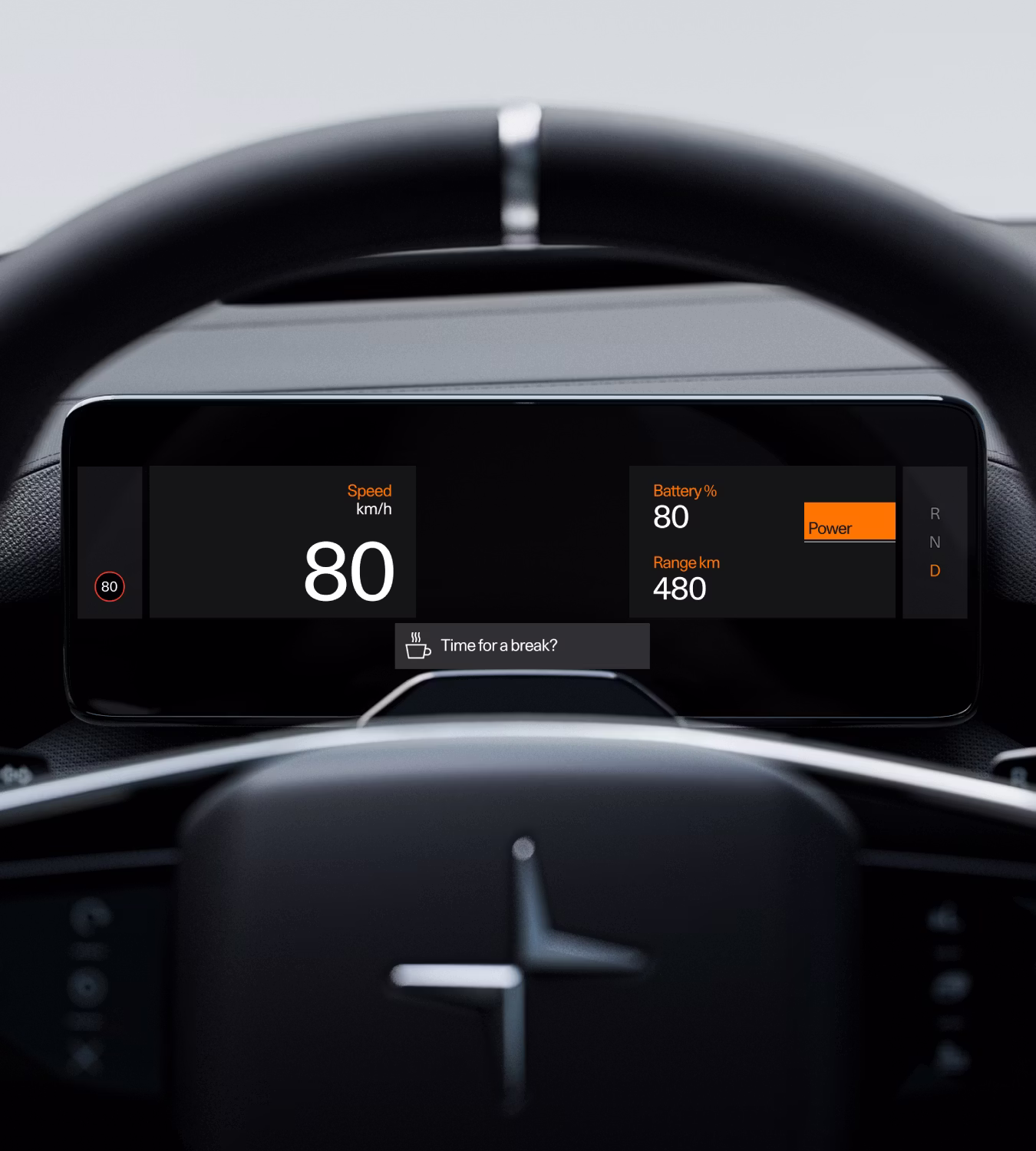 Polestar 4 coupé’s driver display showing a warning from the Driver Monitoring System.