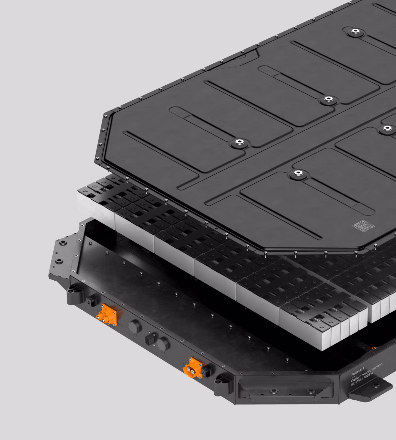 Polestar 4 coupé’s steel and aluminium battery frame separated from the battery pack.