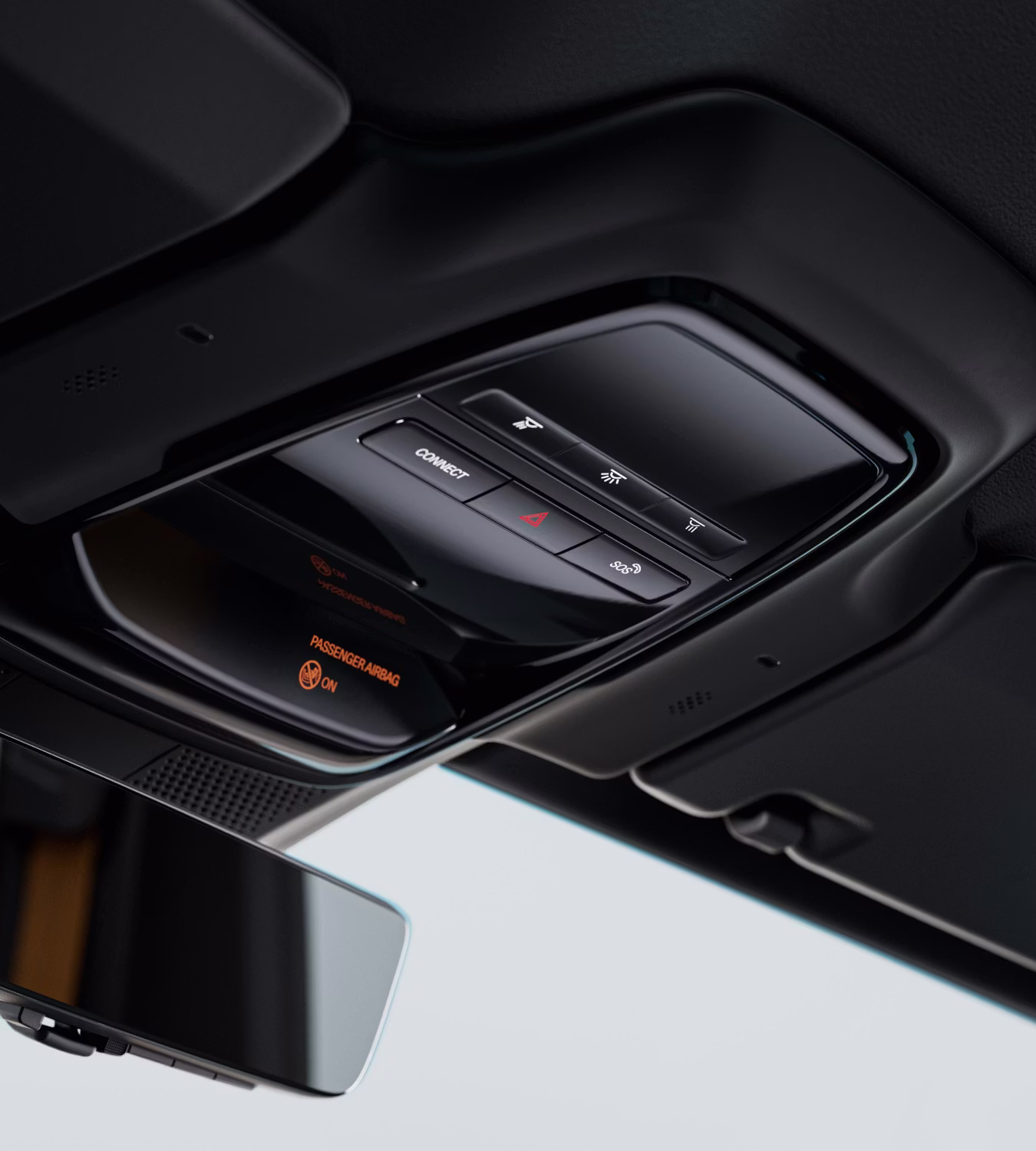 Polestar 4 coupé’s overhead console with the connect and SOS buttons.