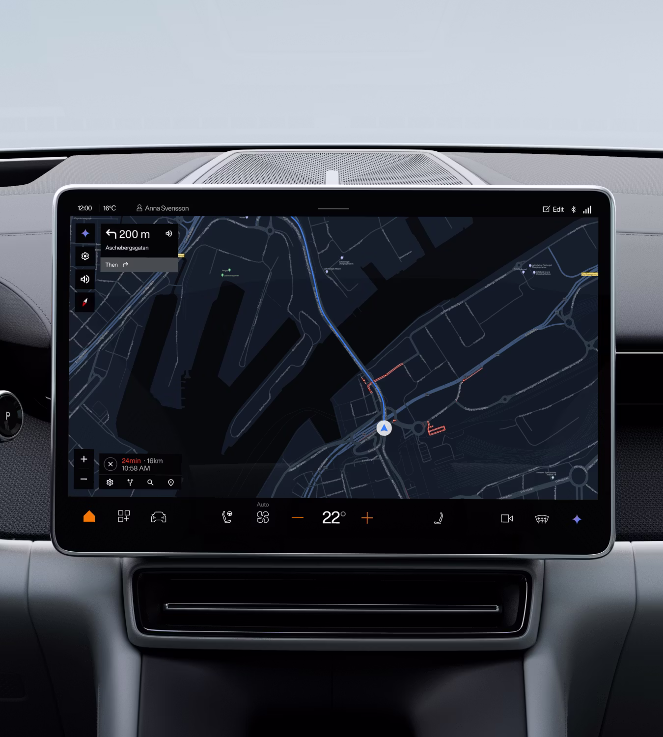 Polestar 4 coupé’s centre display with Google Maps on the screen with an active route.