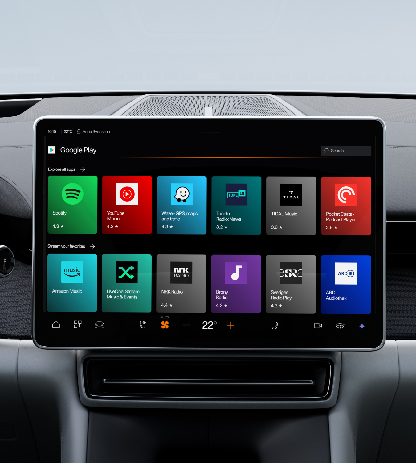 Polestar 4 coupé’s centre display showing the Google Play Store screen opened.