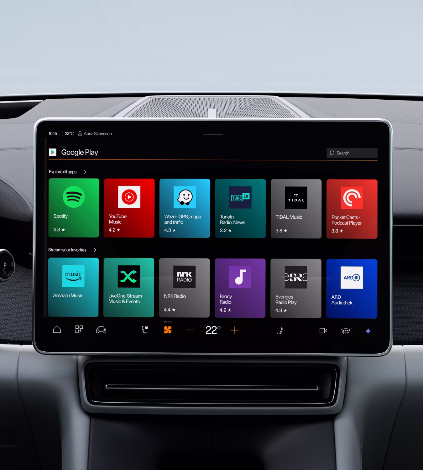 Polestar 4 coupé’s centre display showing the Google Play Store screen opened.