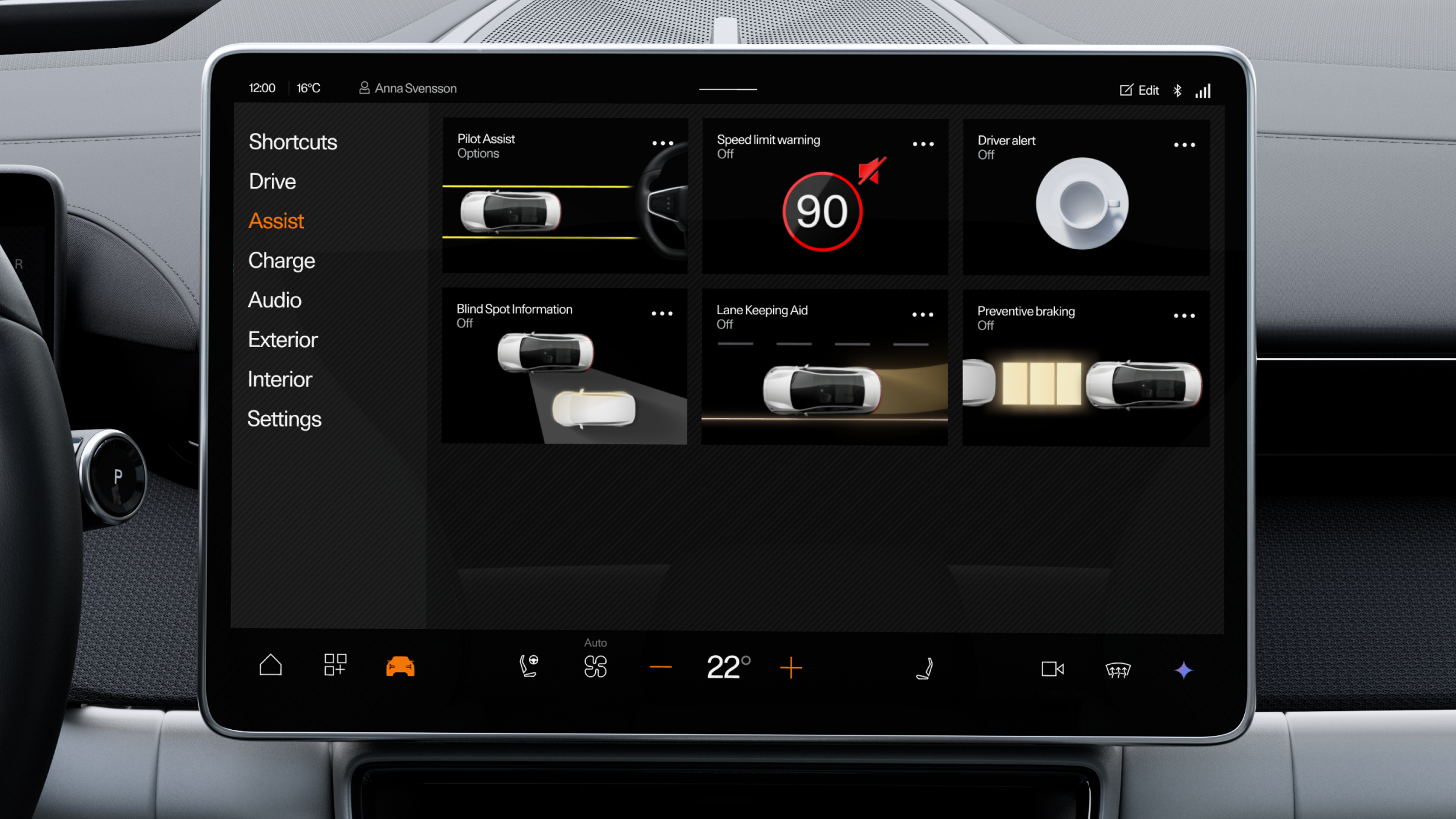 Polestar 4 coupé’s centre display showing the driver’s assistance menu.
