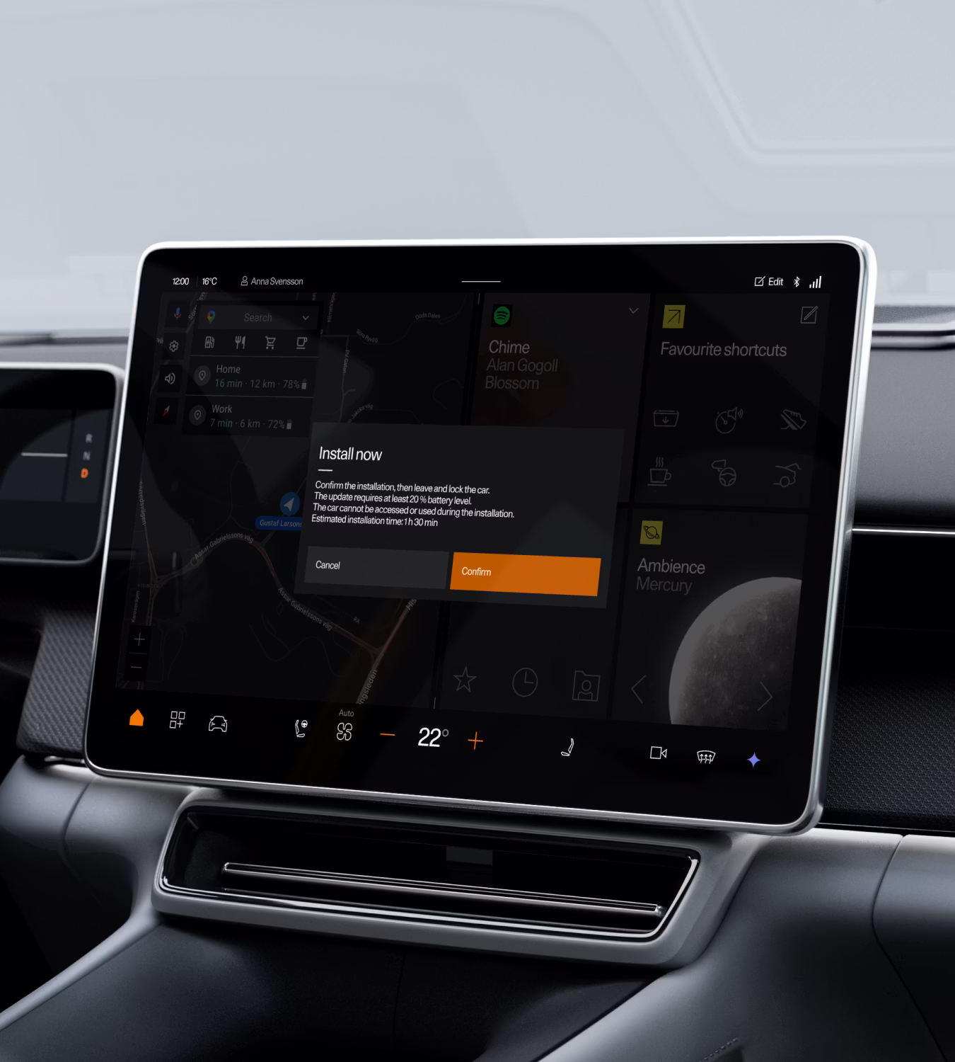 Polestar 4 coupé’s centre display showing the installation prompt for over-the-air updates.