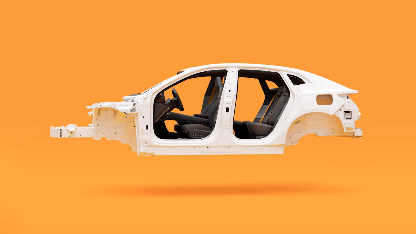 Top half of Polestar 4 coupé’s frame floating in the middle of an orange background.
