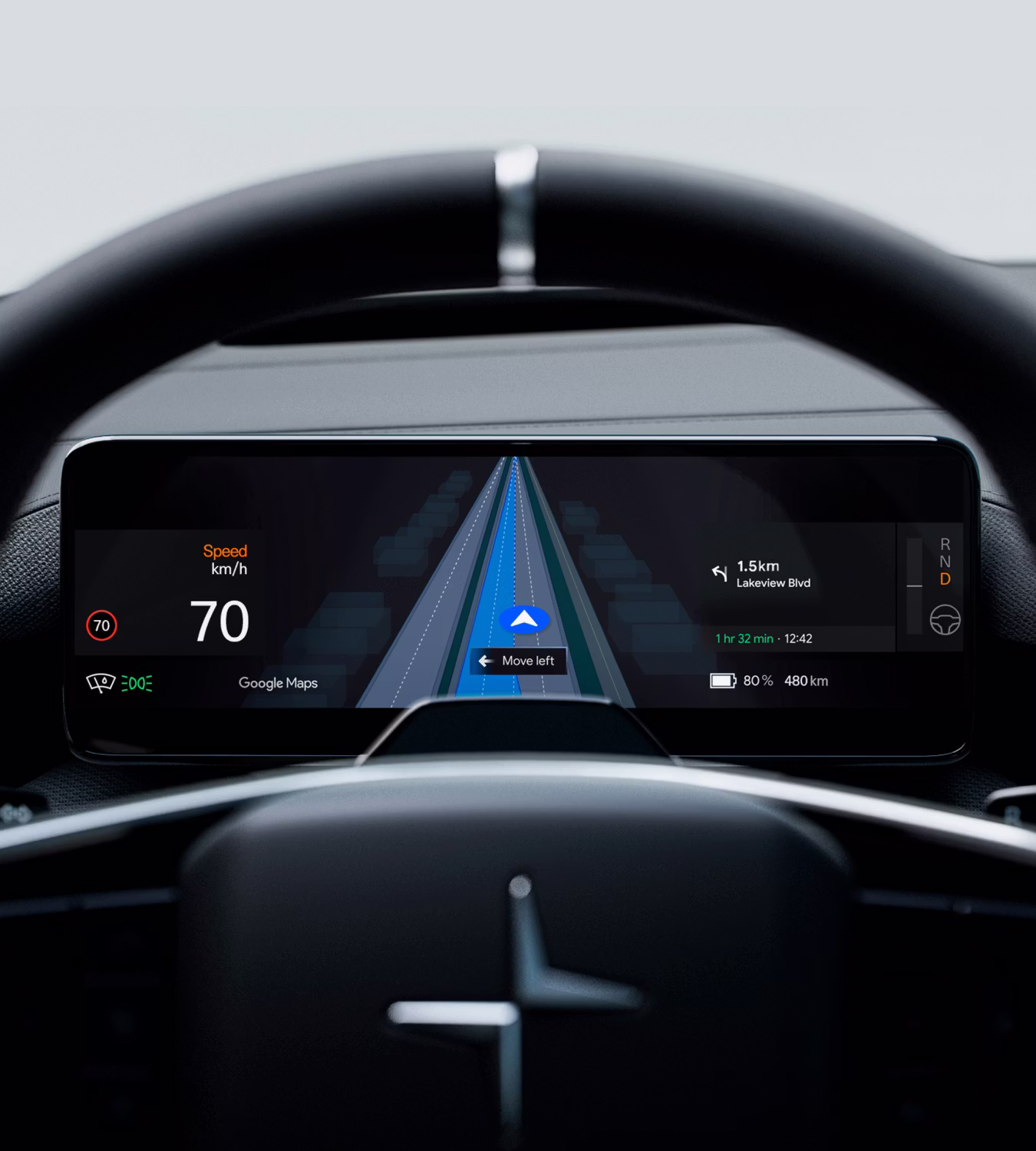 Polestar 4 coupé’s centre display showing Google Maps lane guidance