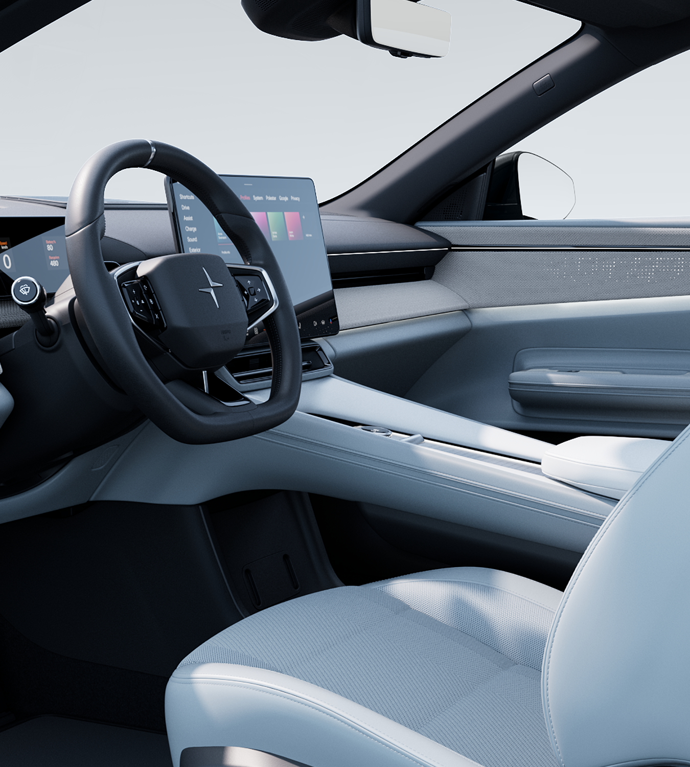 Polestar 4 SUV’s driver seat and side mirrors automatically adjusting to the set driver profile.