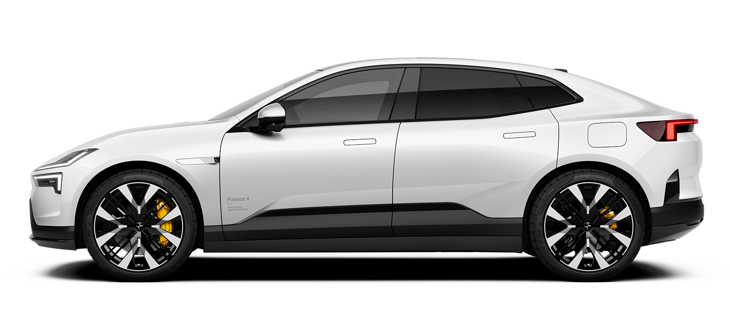 Side view of Polestar 4 coupé electric car in white color with black wheels and yellow brake calipers.