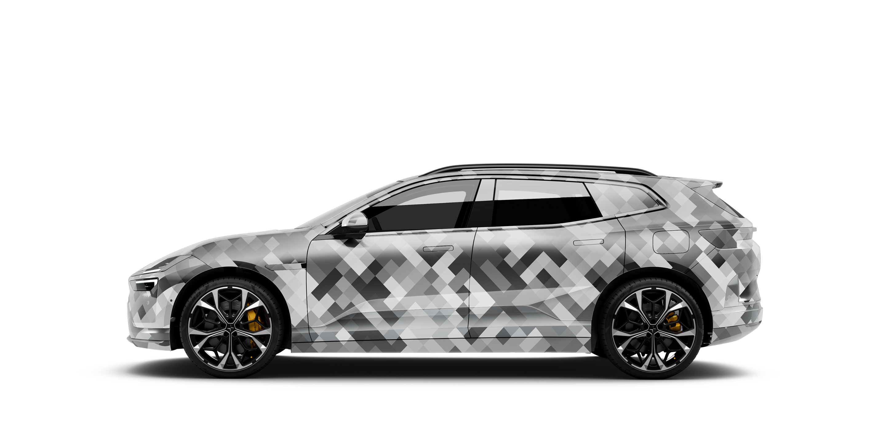 Side profile of a Polestar 4 SUV shown with a black and white camouflage pattern against a white background.