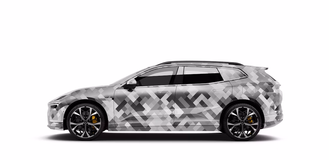 Side profile of a Polestar 4 SUV shown with a black and white camouflage pattern against a white background.