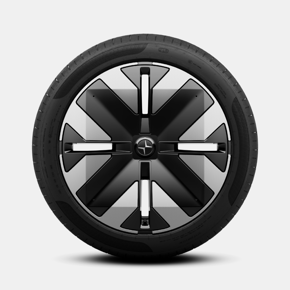 Polestar 4 SUV’s silver wheel for the Plus pack with minimalistic geometric design.