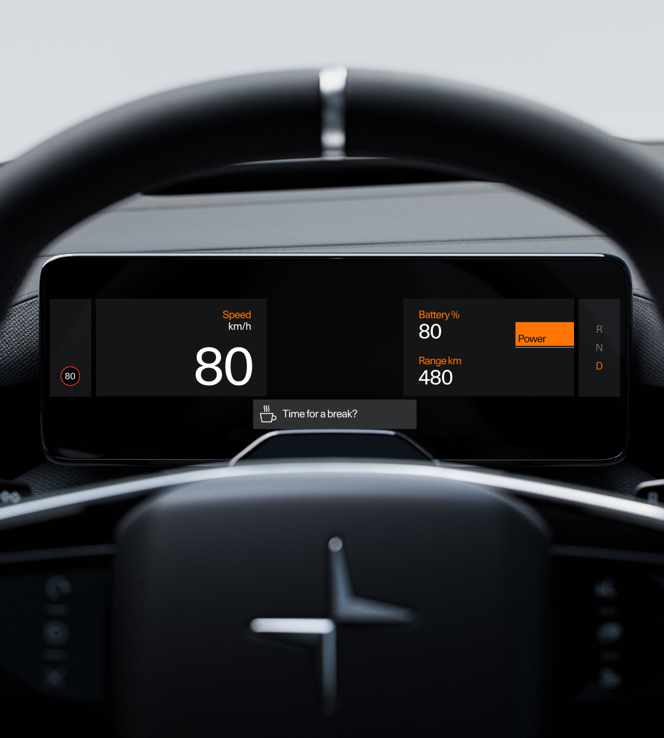 Polestar 4 SUV’s driver display showing a warning from the Driver Monitoring System.
