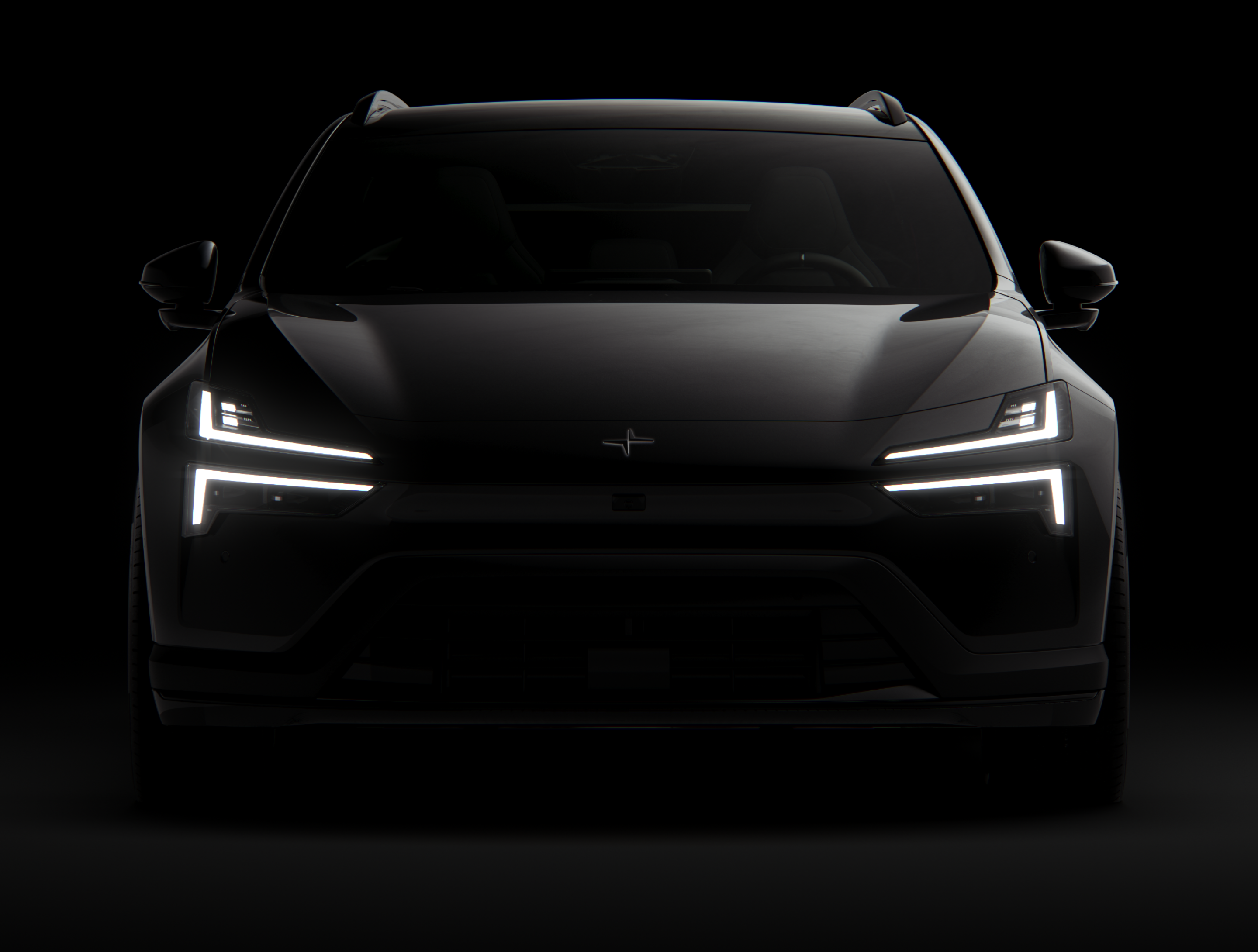 A black Polestar 4 SUV facing forward and standing against a black background.