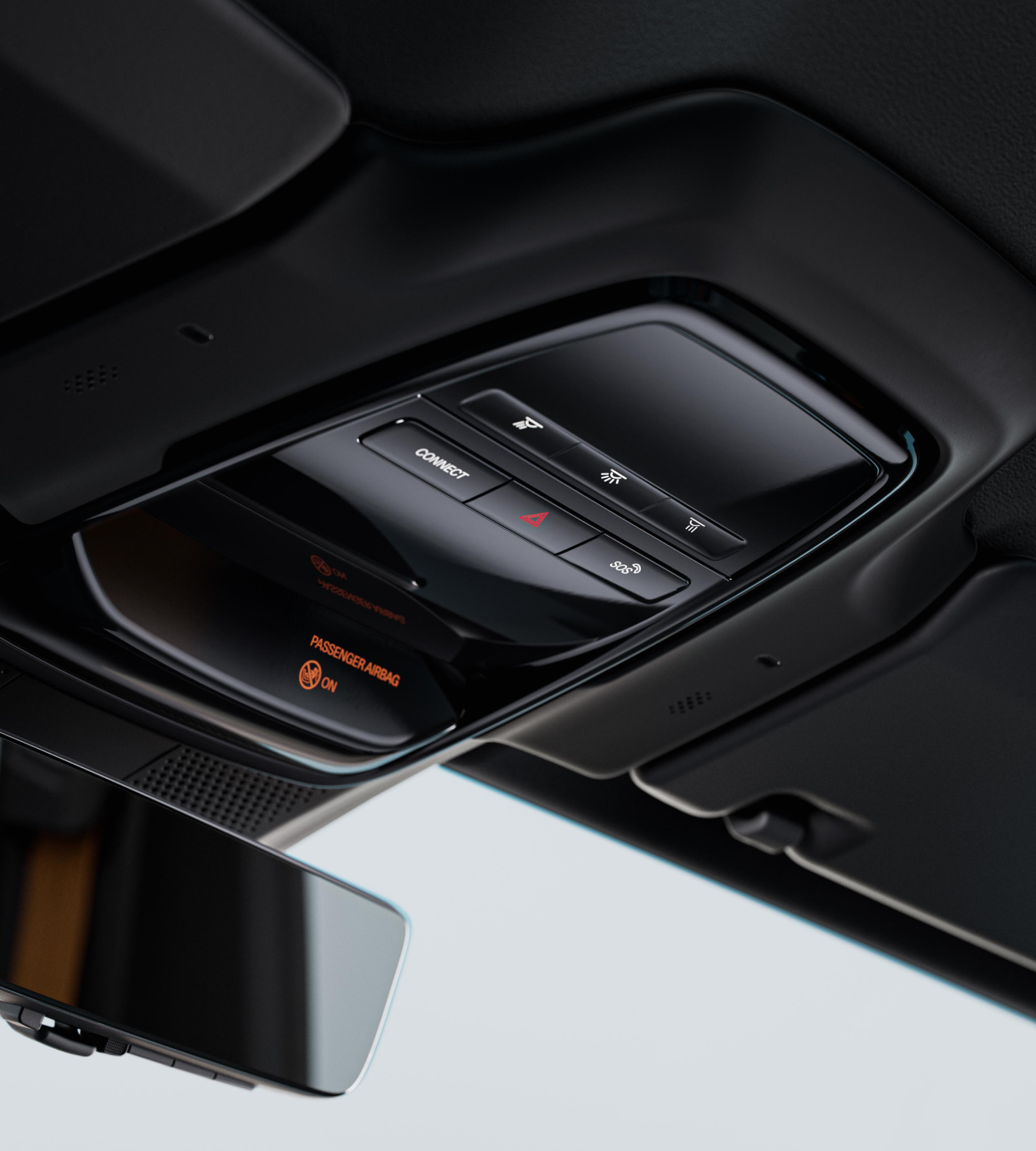 Polestar 4 SUV’s overhead console with the connect and SOS buttons.