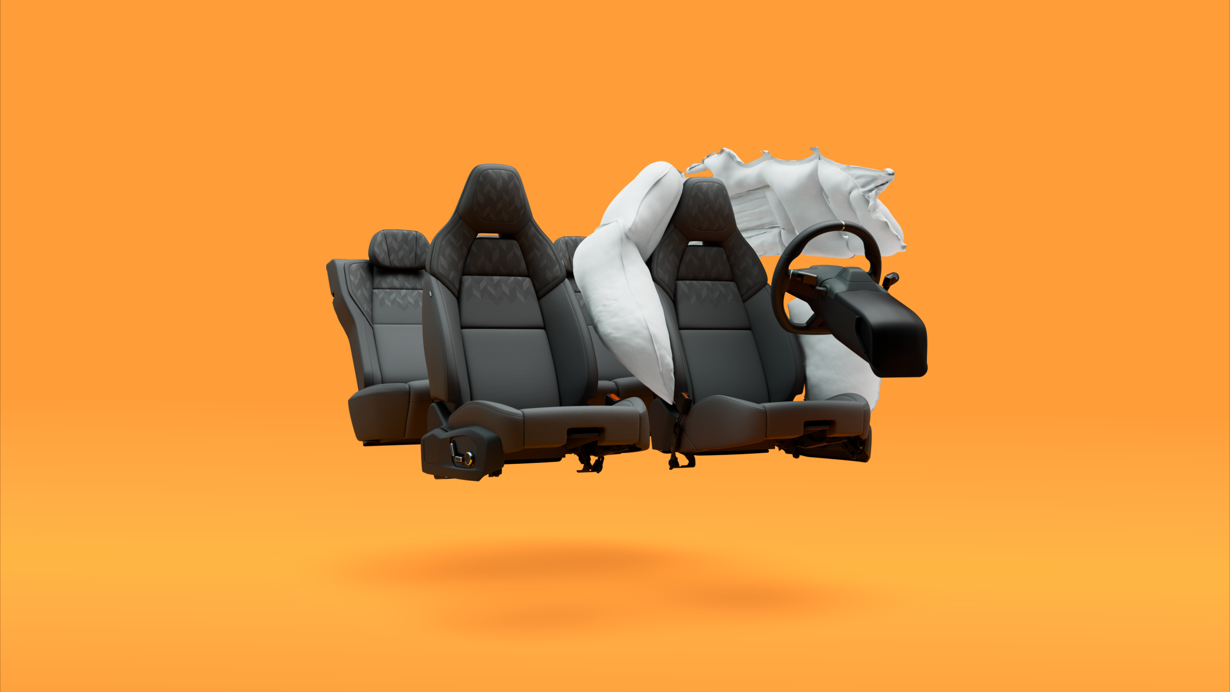 Airbags deploying from various positions around the driver’s seat in Polestar 4 SUV.