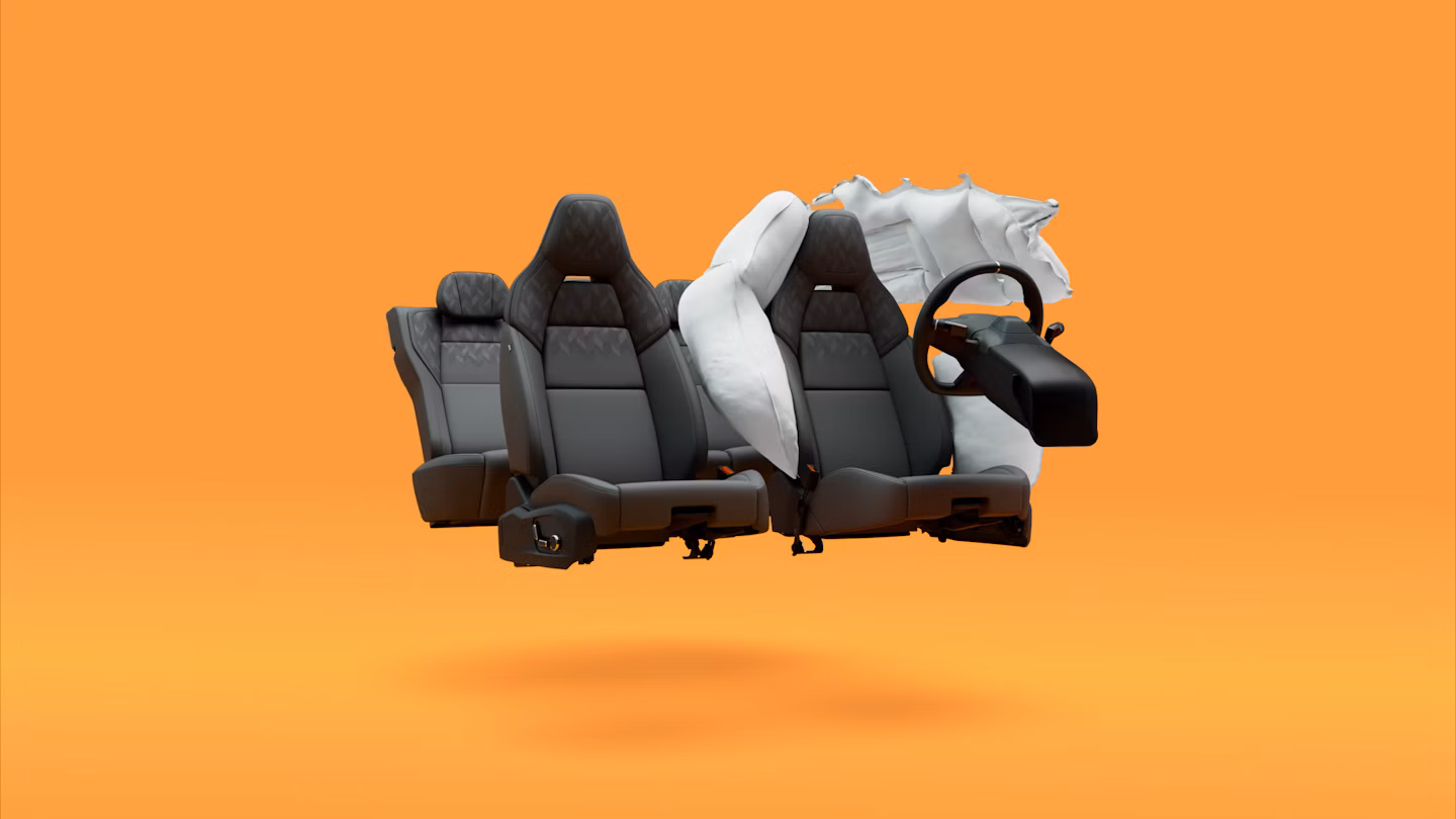 Airbags deploying from various positions around the driver’s seat in Polestar 4 SUV.