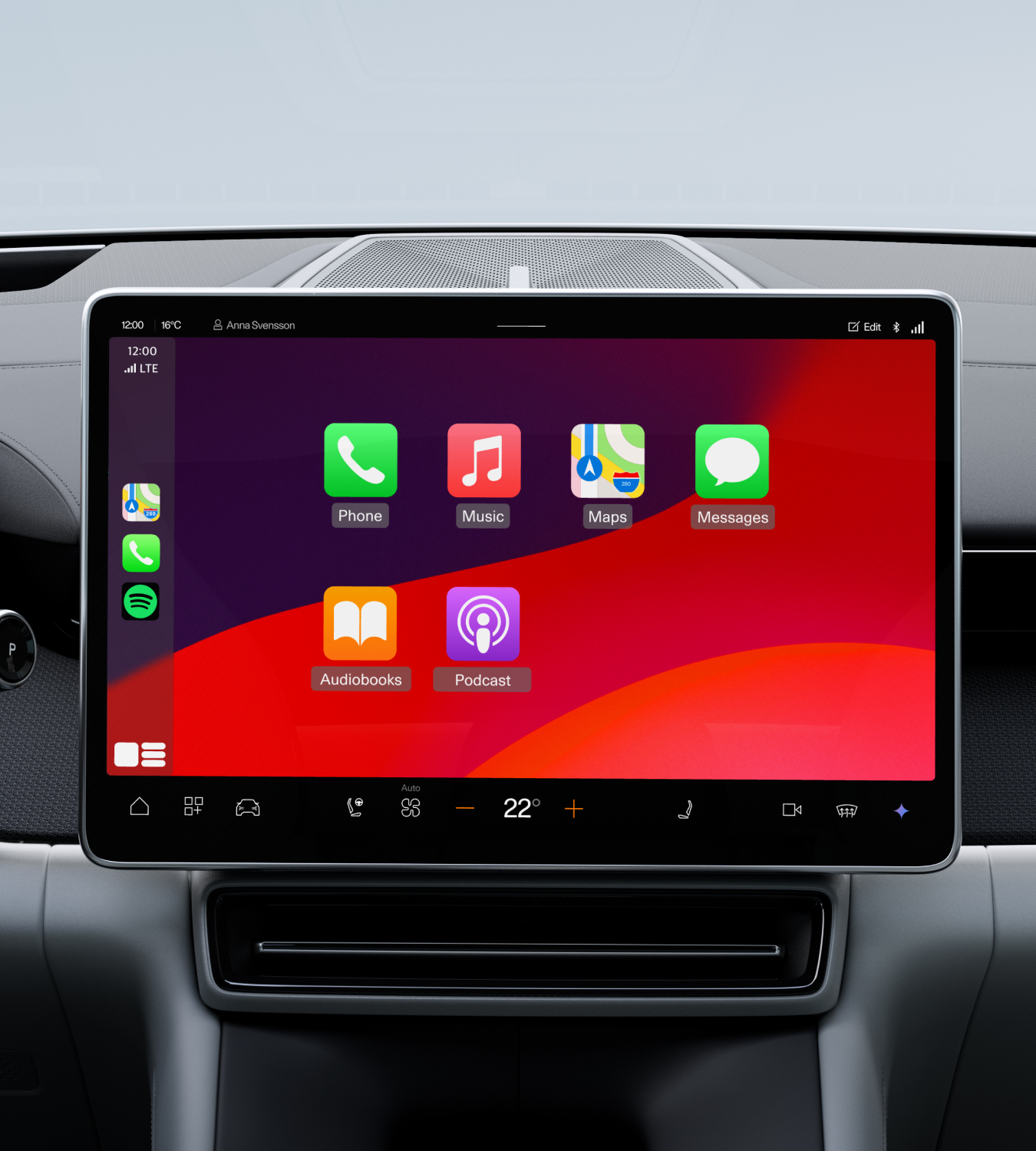 Apple CarPlay home screen on Polestar 4 SUV’s centre display.