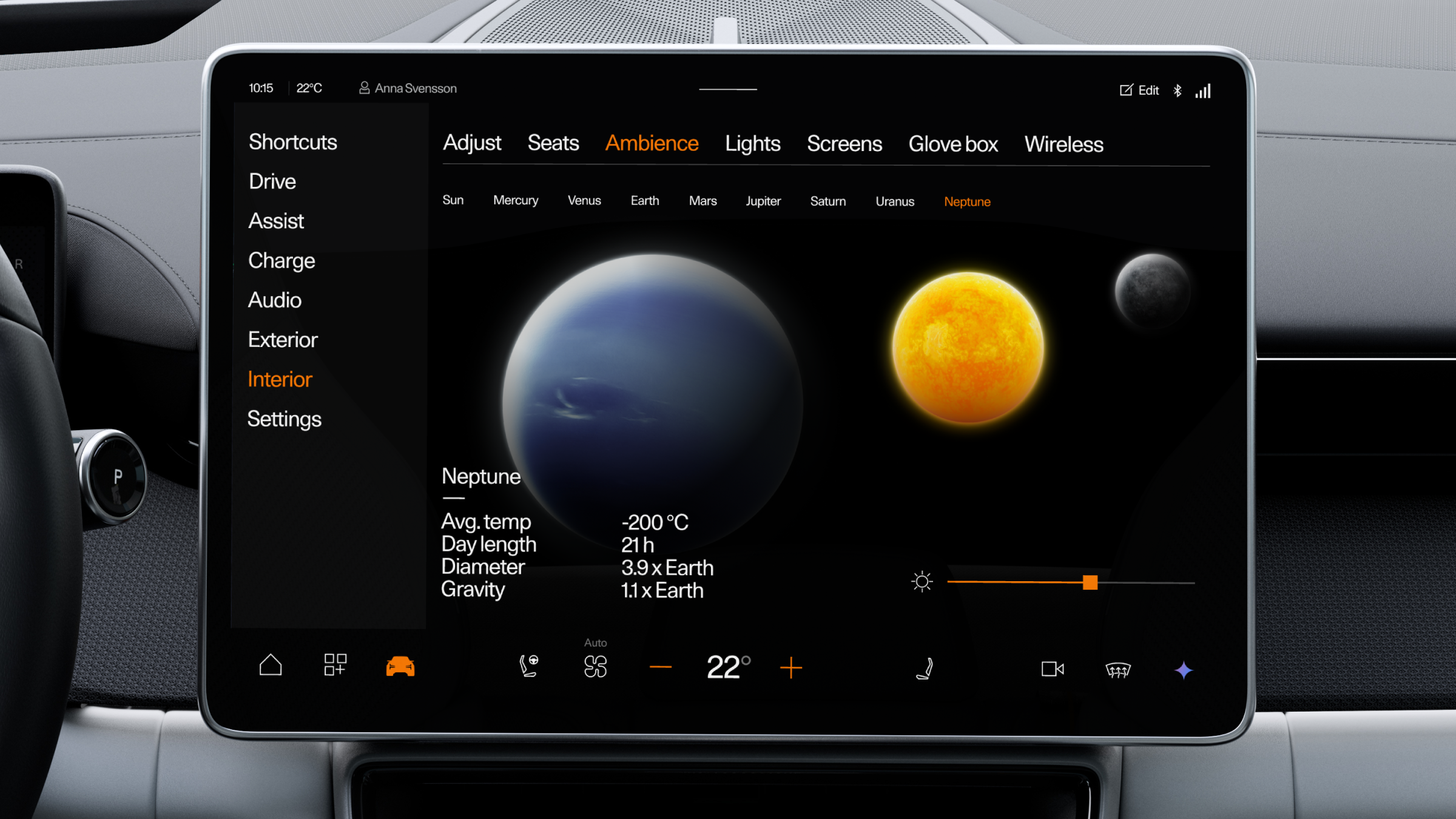 Polestar 4 SUV centre display showing a screen of the solar system interior illumination options.