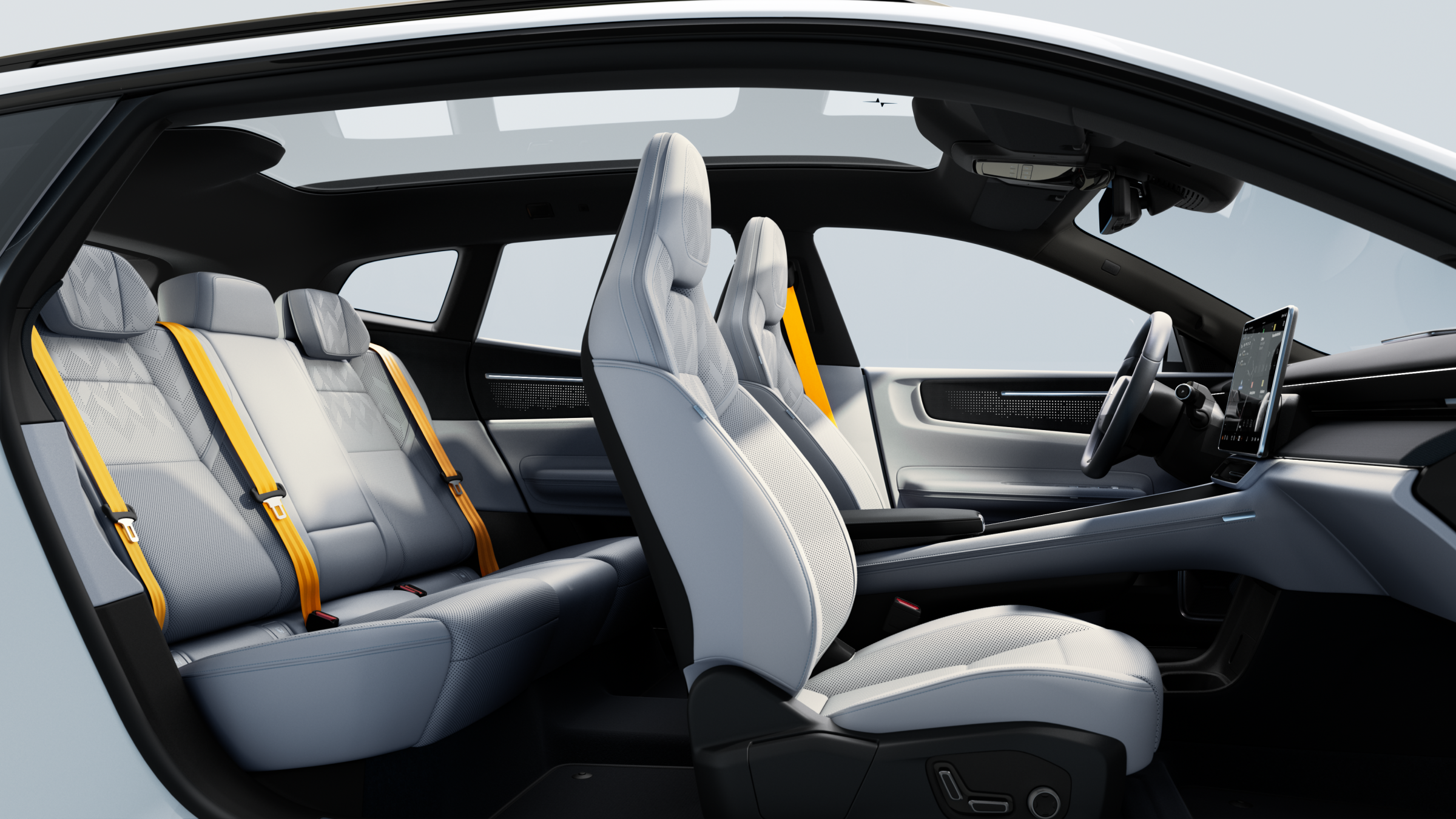 Polestar 4 SUV’s rear seats in Tailored knit upholstery in Mist and gold seat belts.