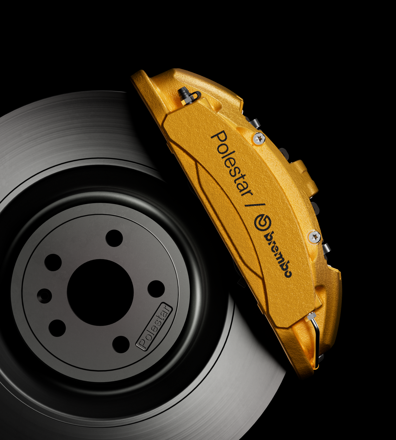 Polestar 4 SUV’s aluminium four-piston Brembo brake caliper in Swedish gold colour.