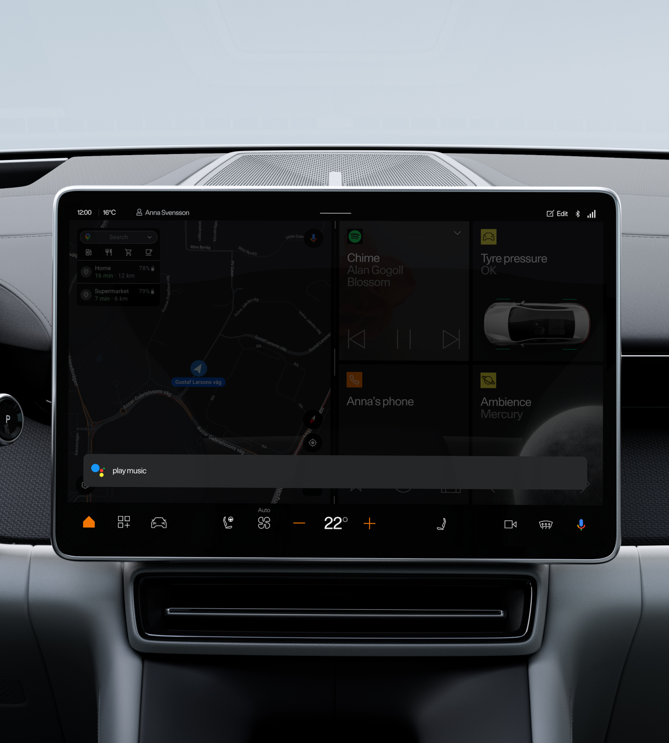 Polestar 4 SUV’s centre display showing Google Maps and a prevalent Google Home prompt.