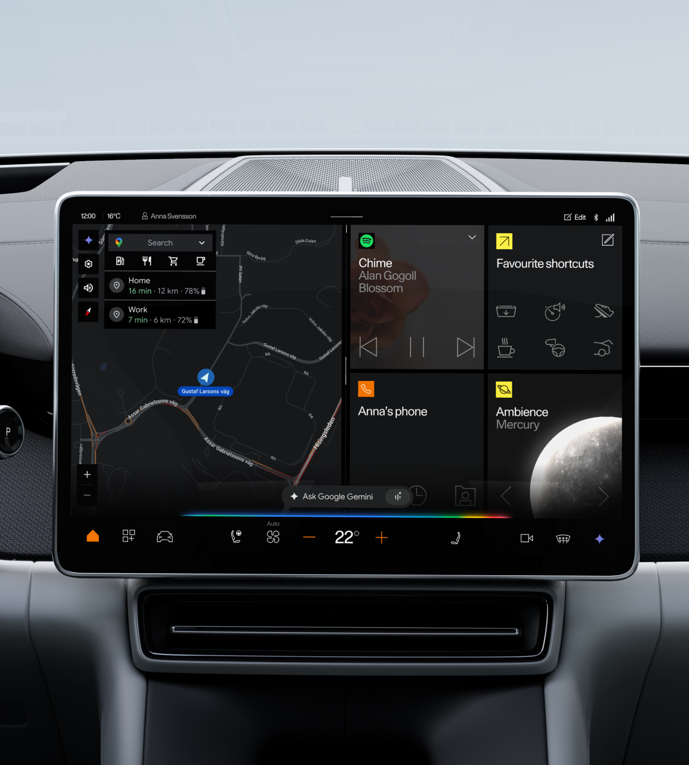 Polestar 4 SUV’s centre display showing Google Maps and a prevalent Google Home prompt.
