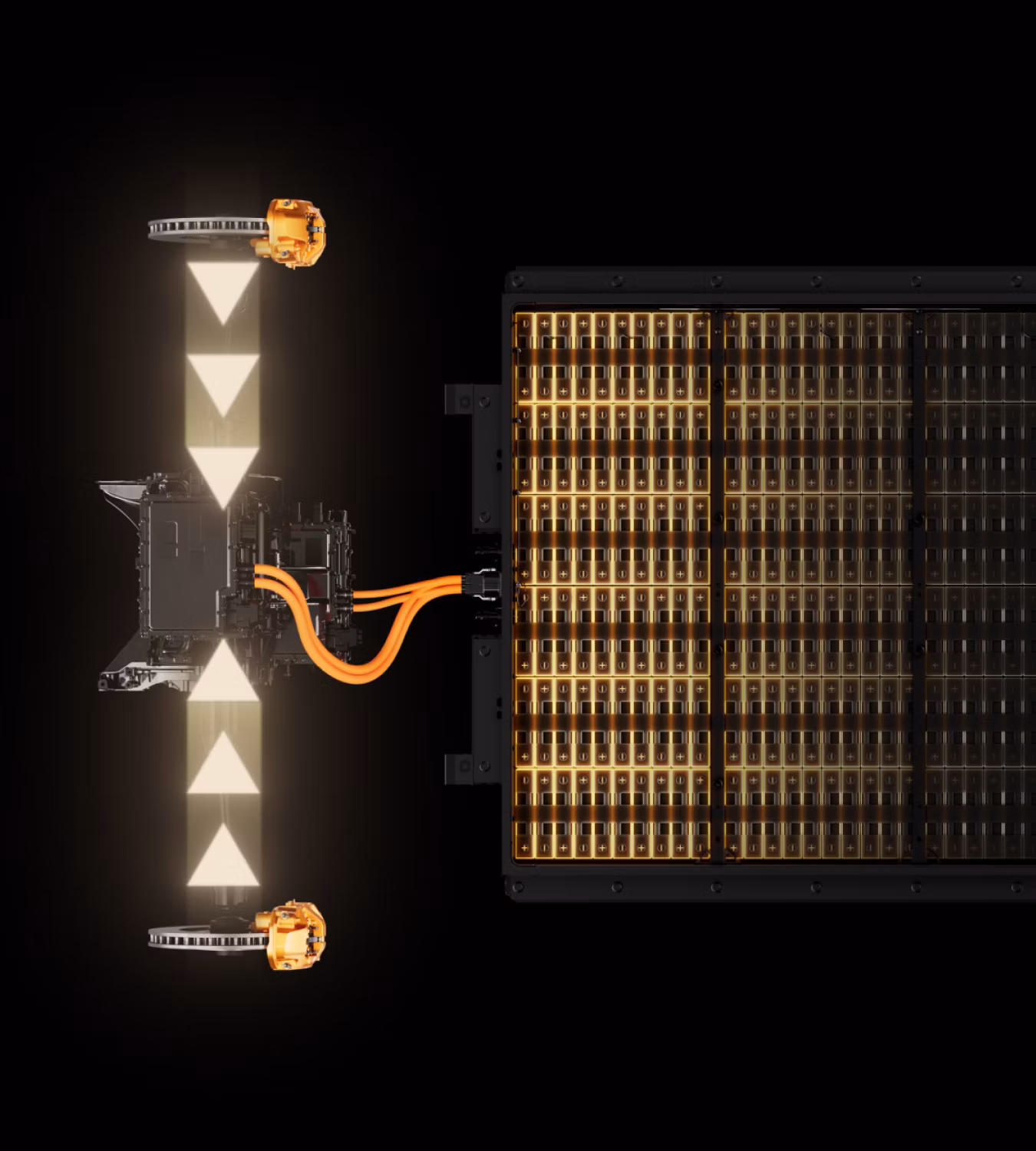 Polestar 4 SUV’s drivetrain with yellow arrows indicating energy returning to its electric motors.